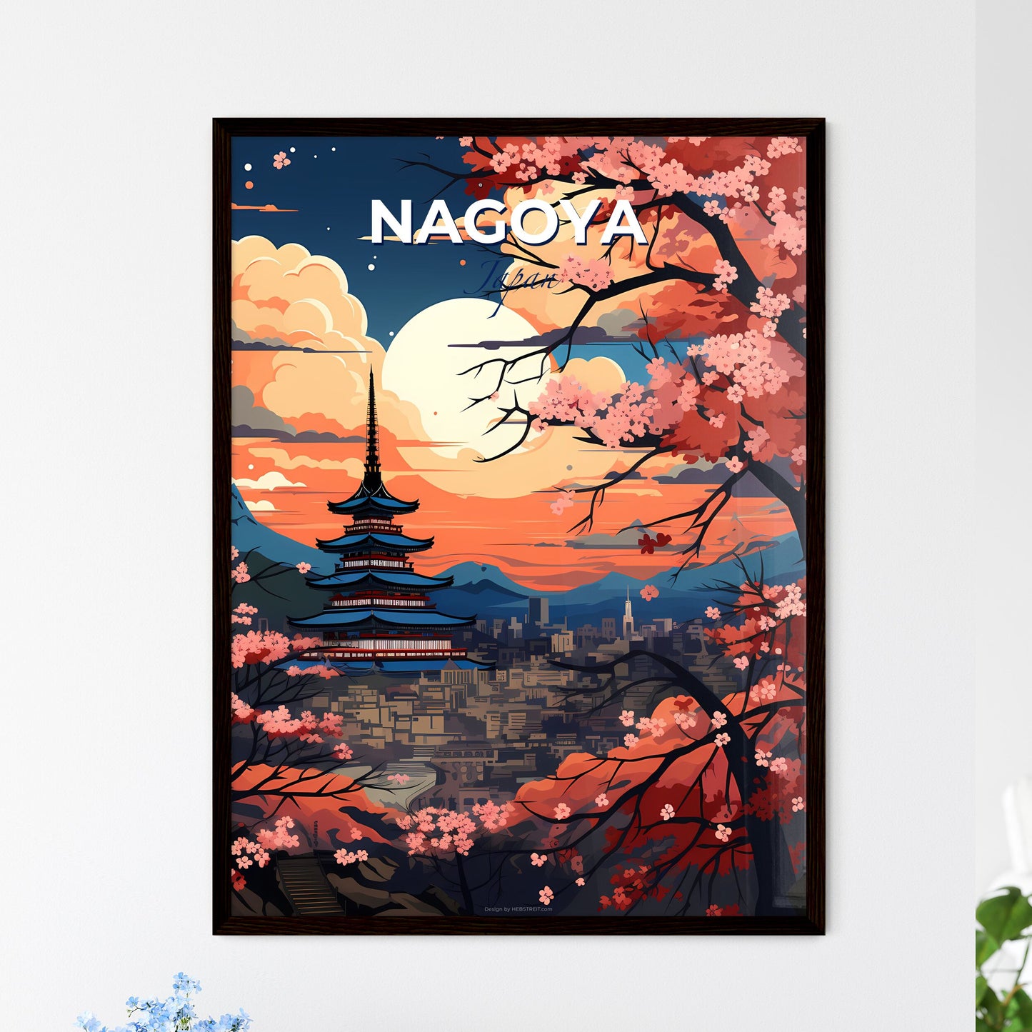 Nagoya Cityscape Art Painting Skyline Pagoda Mountains Trees Vibrant Color Default Title