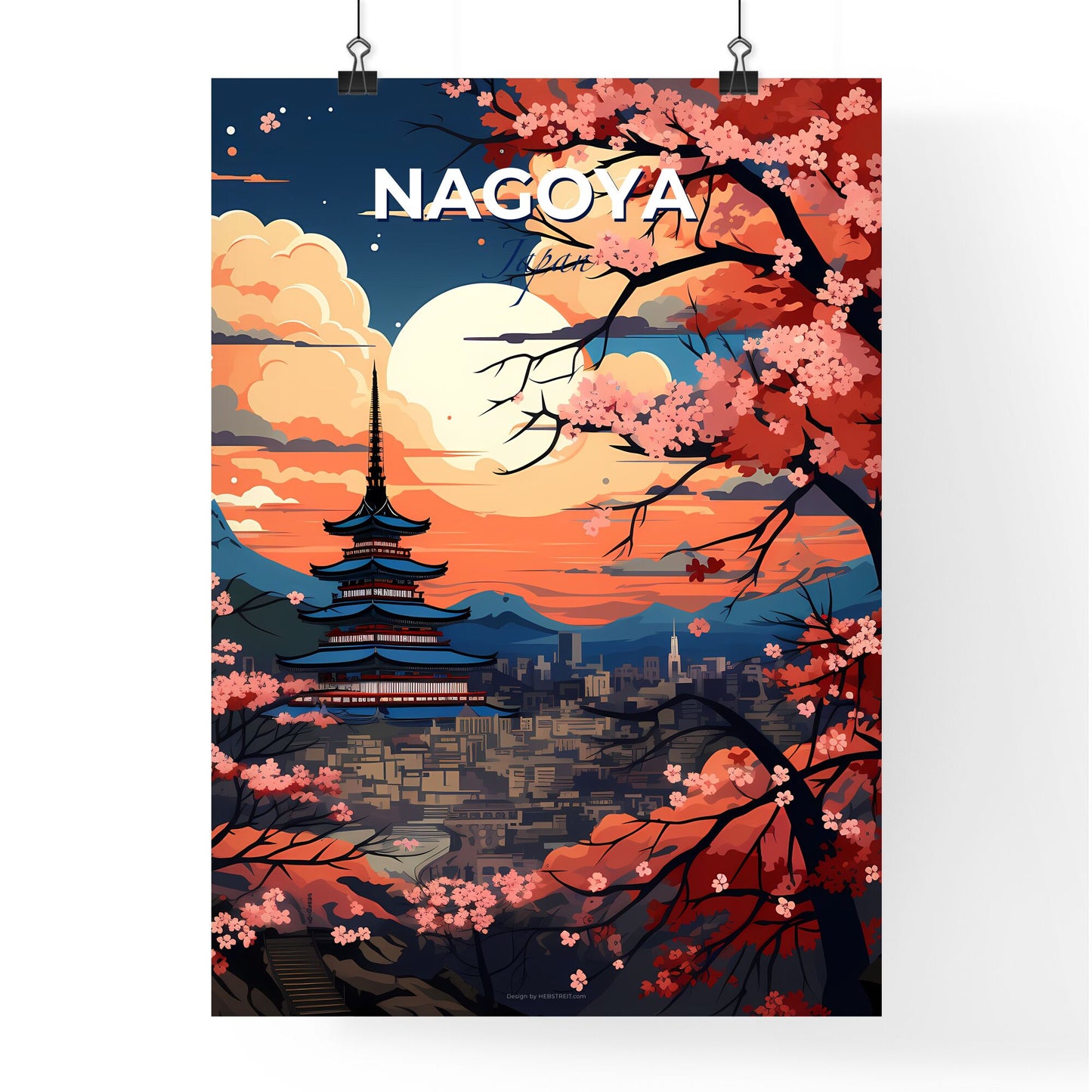 Nagoya Cityscape Art Painting Skyline Pagoda Mountains Trees Vibrant Color Default Title