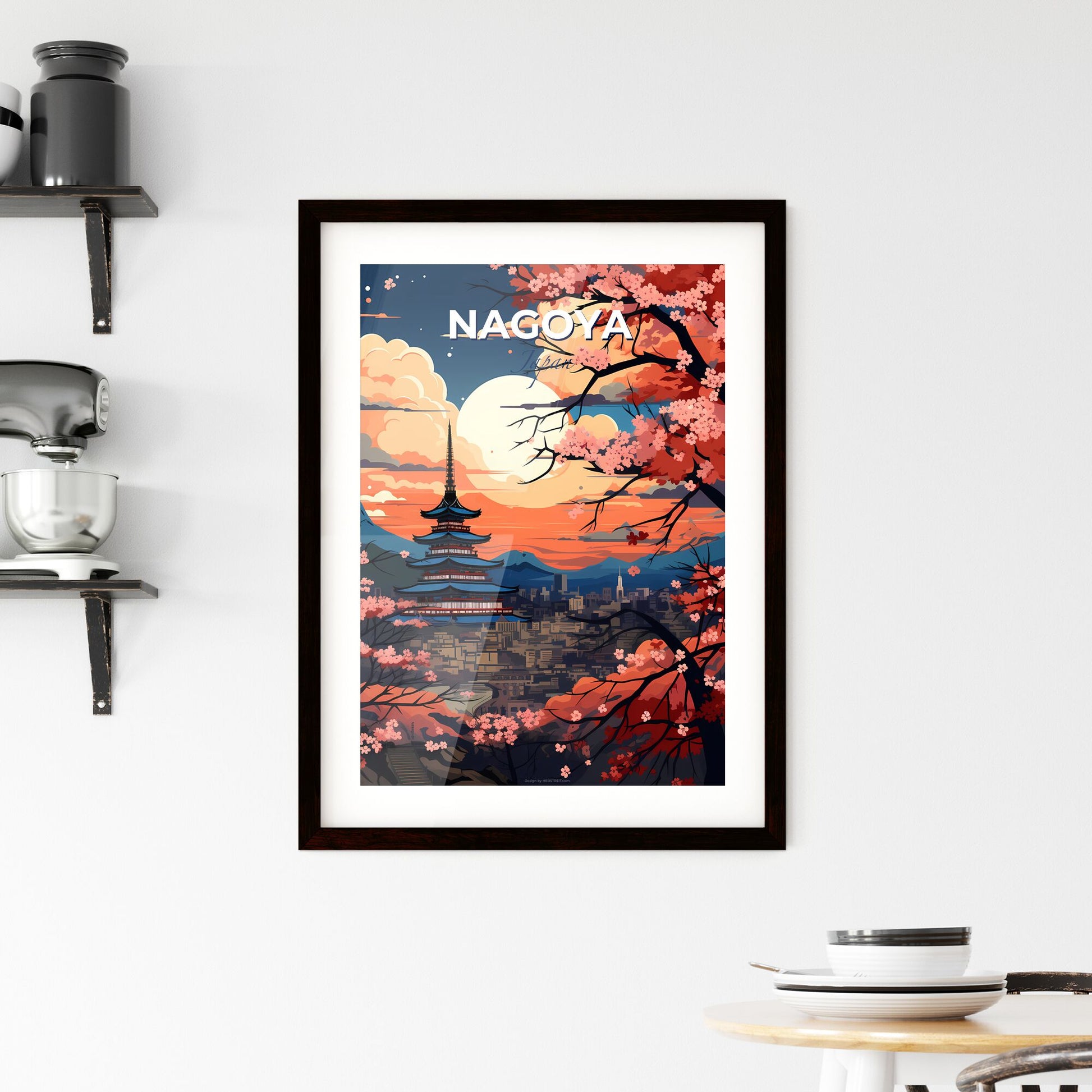 Nagoya Cityscape Art Painting Skyline Pagoda Mountains Trees Vibrant Color Default Title