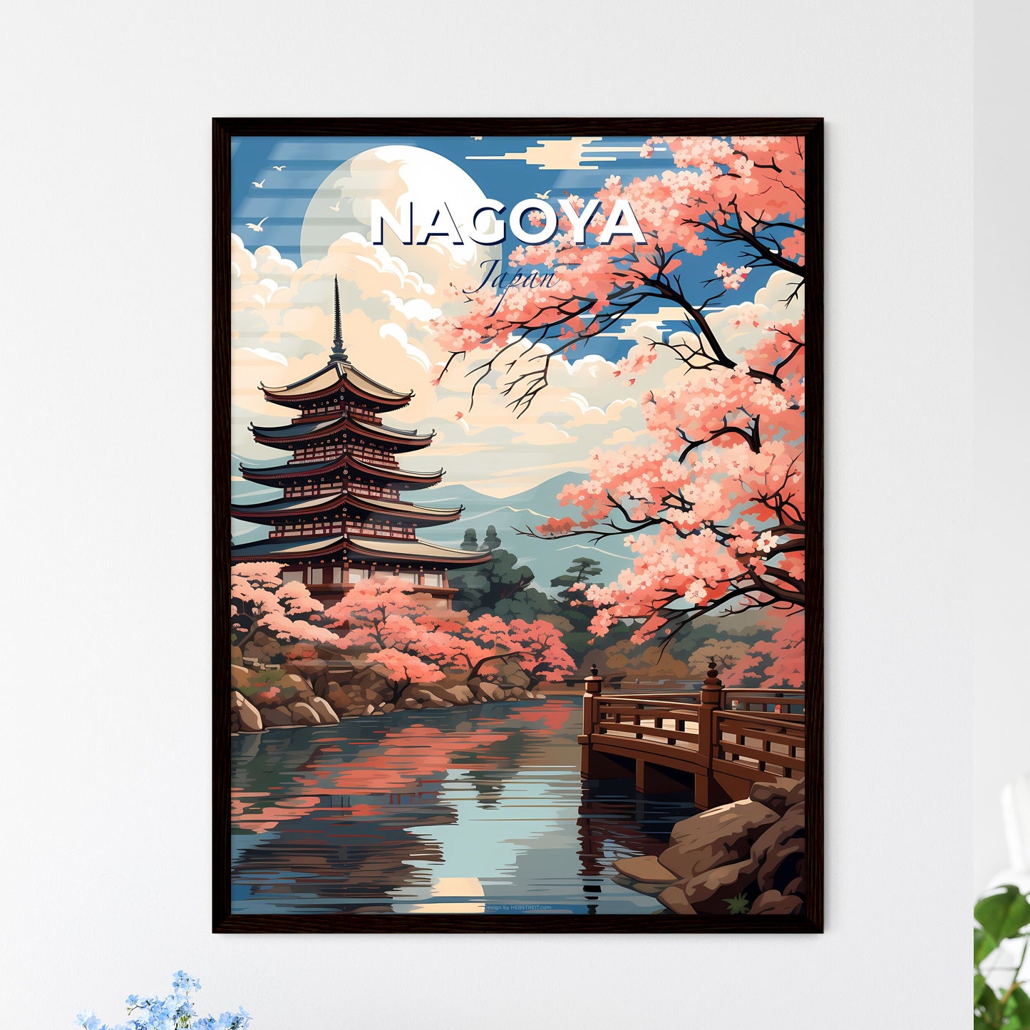 Skyline Painting: Nagoya Cityscape with Pagoda, River Bridge, and Cherry Blossoms Default Title