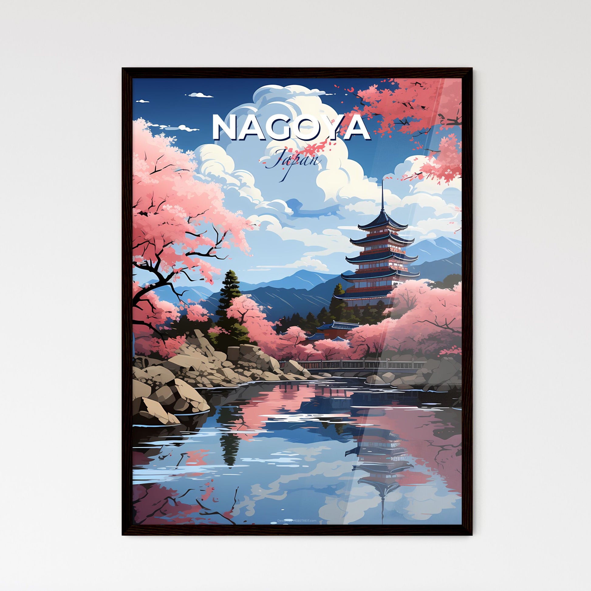 Watercolor Painting: Nagoya Japan Skyline with Pink Trees and Pagoda Default Title