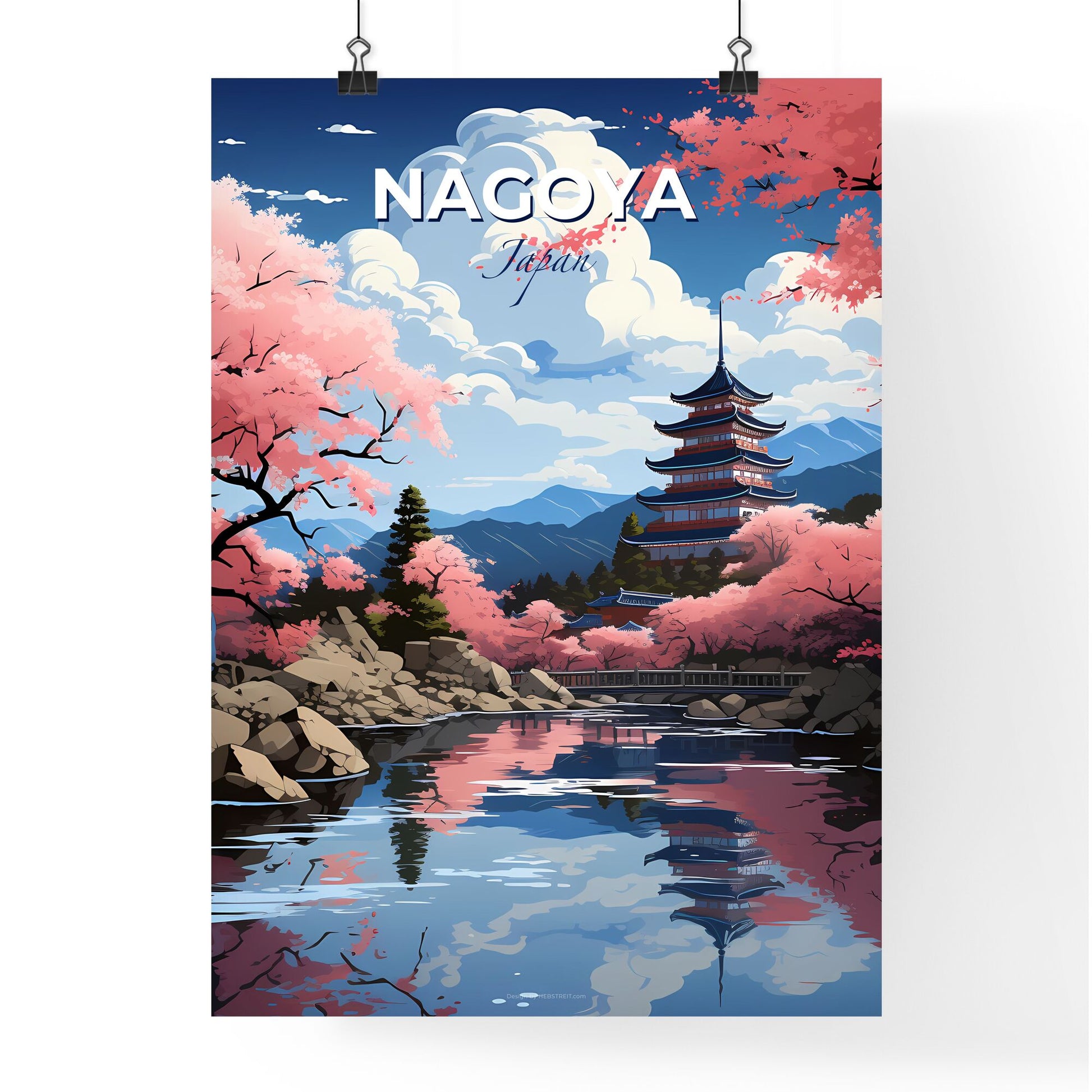 Watercolor Painting: Nagoya Japan Skyline with Pink Trees and Pagoda Default Title