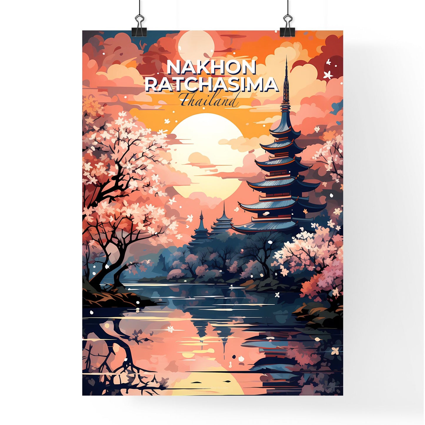 Nakhon Ratchasima Thailand Cityscape Painting Vibrant Pagoda Riverside Art Sunset Skyline Default Title