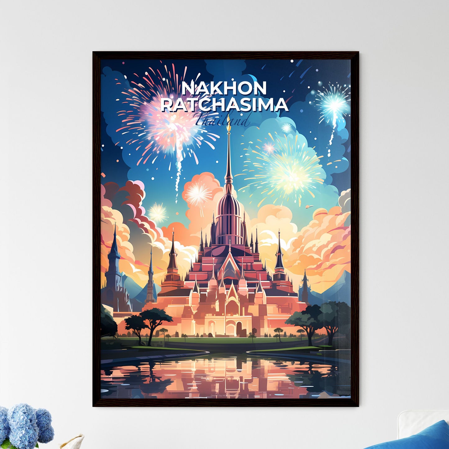 Vibrant Painting of Nakhon Ratchasima Thailand Skyline with Castle and Fireworks Celebrating Art Default Title