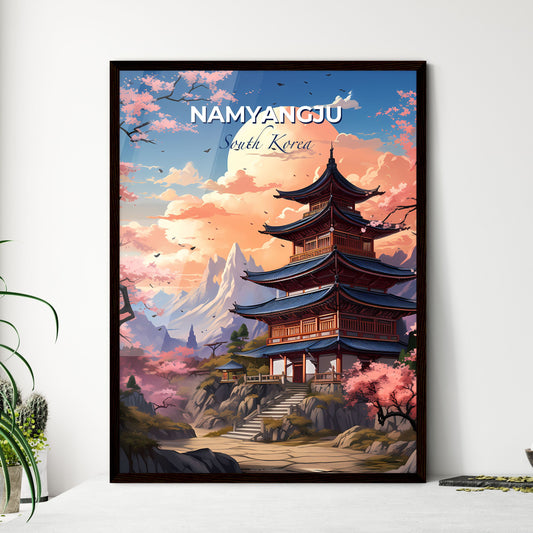Vibrant Korean Art Painting: Namyangju Skyline, Pagoda, Pink Blossoms Default Title