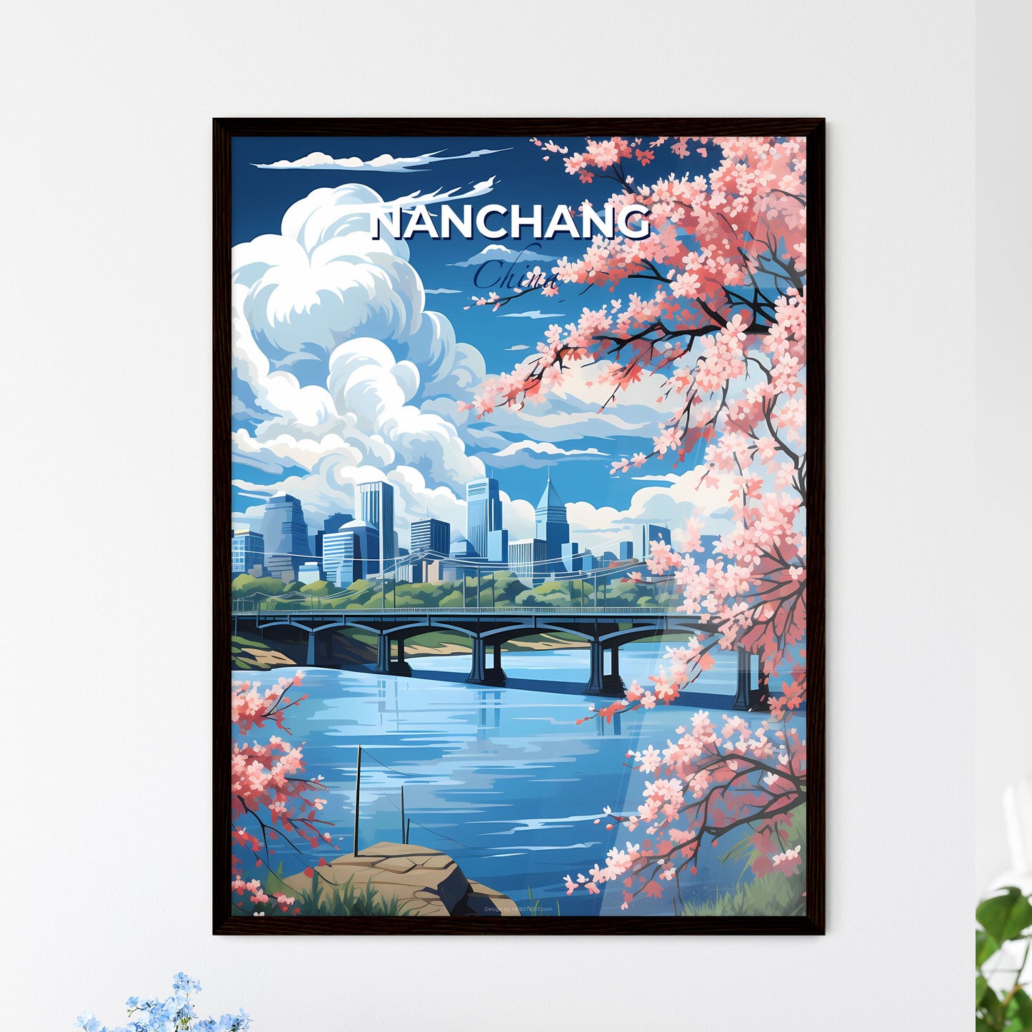 Impressionistic Nanchang China Skyline: Pink Blossoms Adorn a Bridge over a Tranquil River Default Title