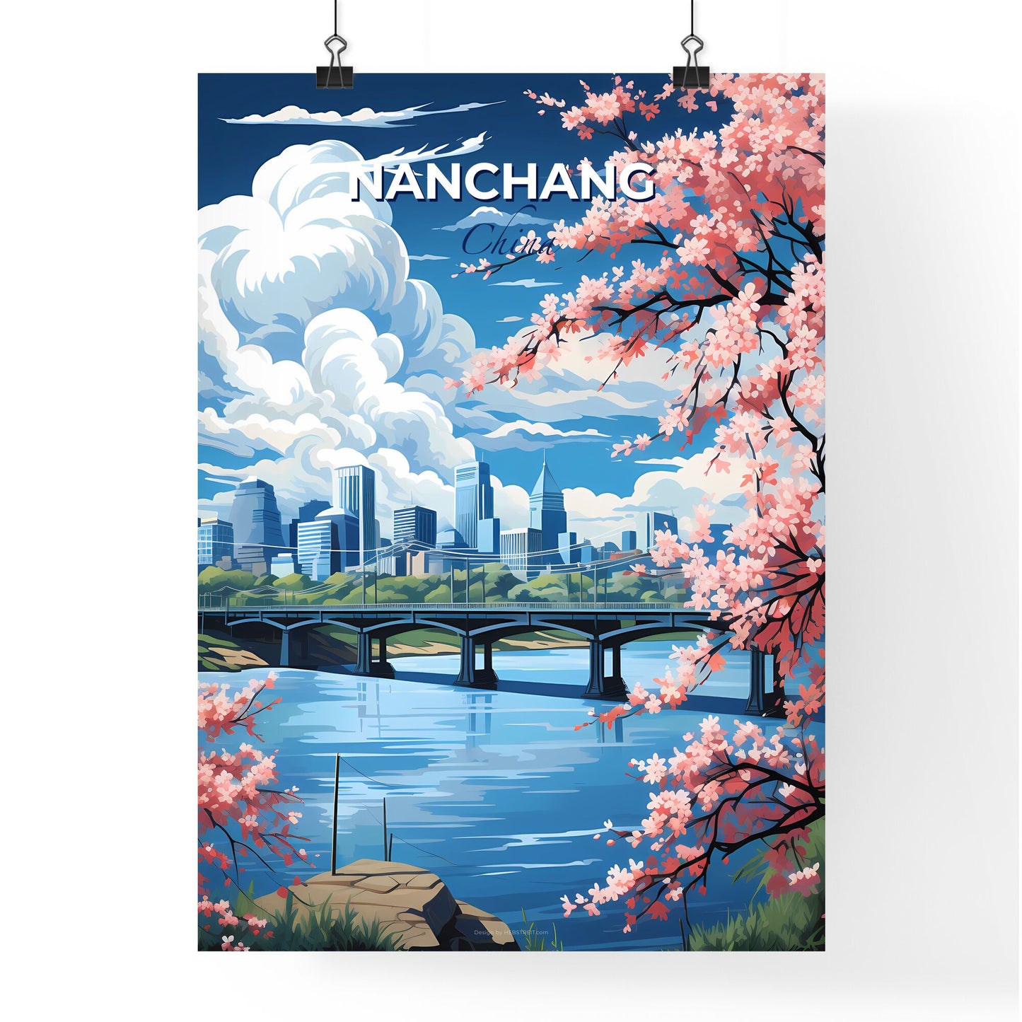 Impressionistic Nanchang China Skyline: Pink Blossoms Adorn a Bridge over a Tranquil River Default Title