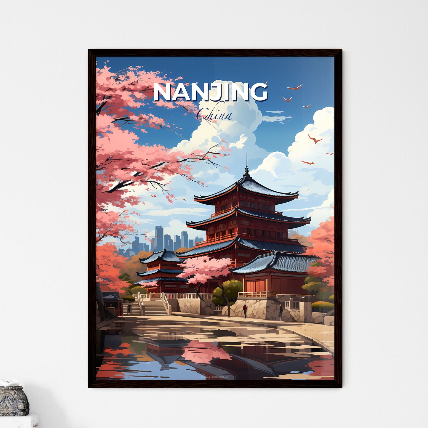 Nanjing Skyline Art Painting, Pagoda, River, Pink Flowers Default Title