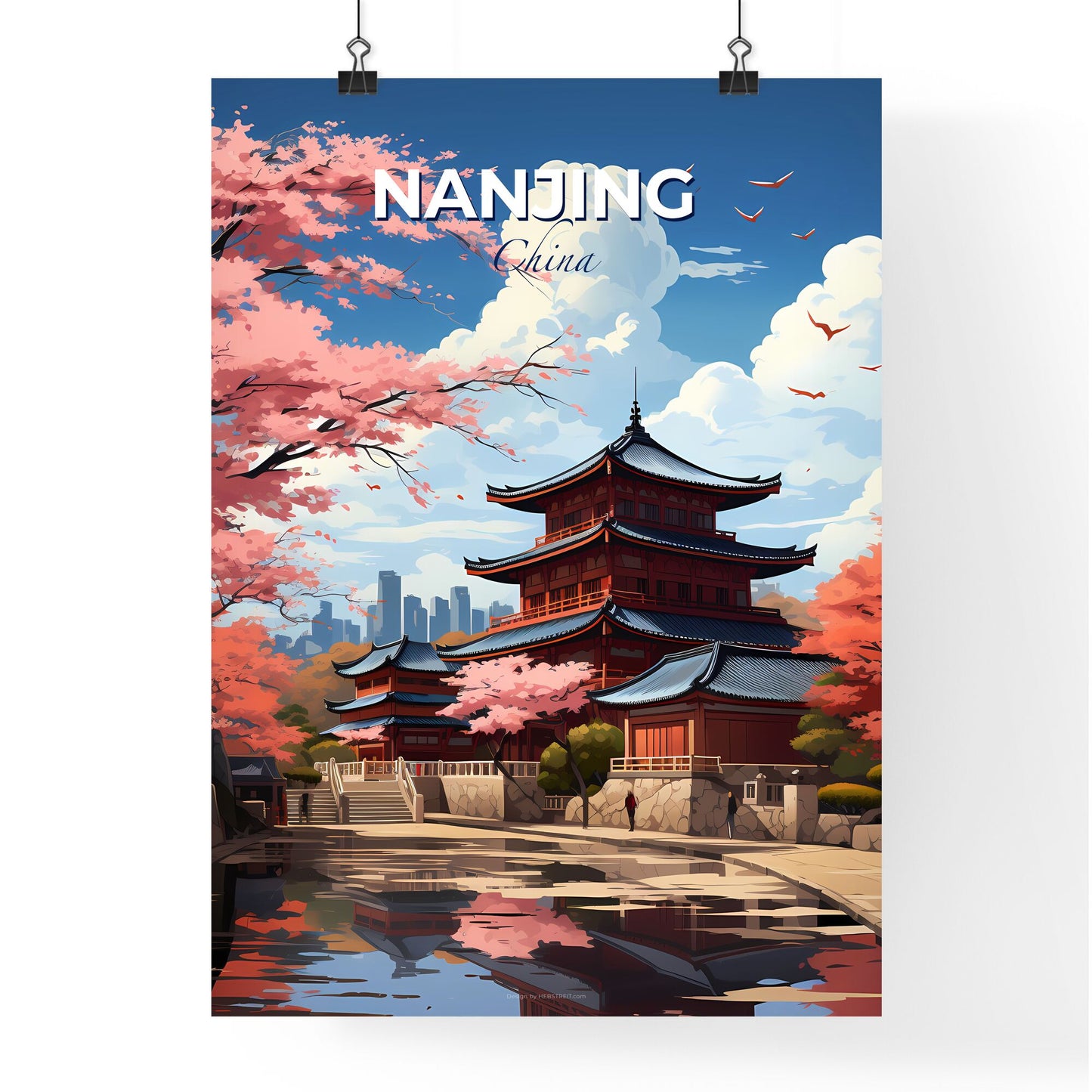 Nanjing Skyline Art Painting, Pagoda, River, Pink Flowers Default Title