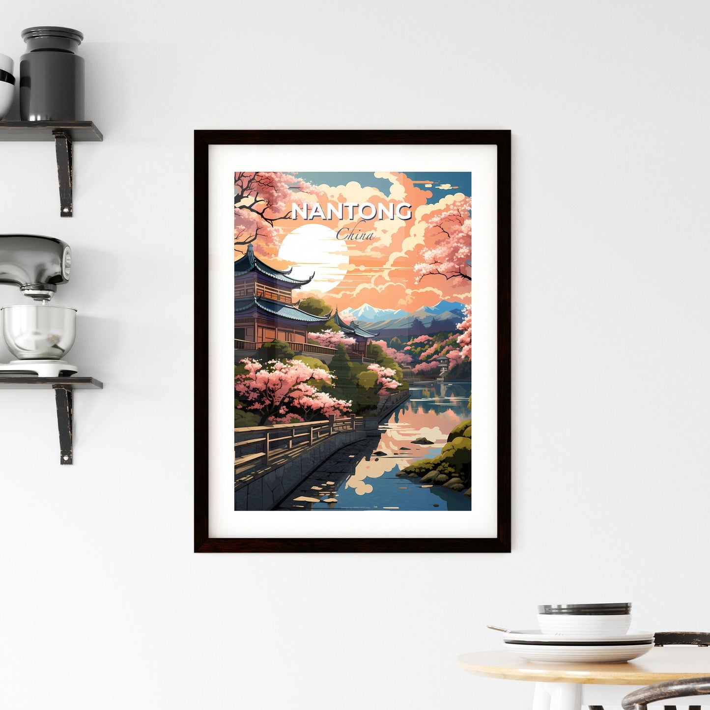 Painting of the Skyline of Nantong China with Building River Trees and Sunset Default Title