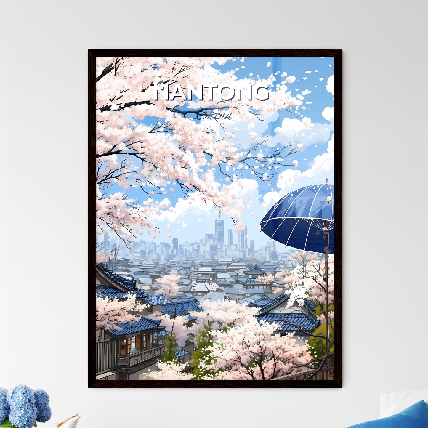 Nantong city skyline art vibrant painting blue umbrella modern city urban artwork cityscape Default Title