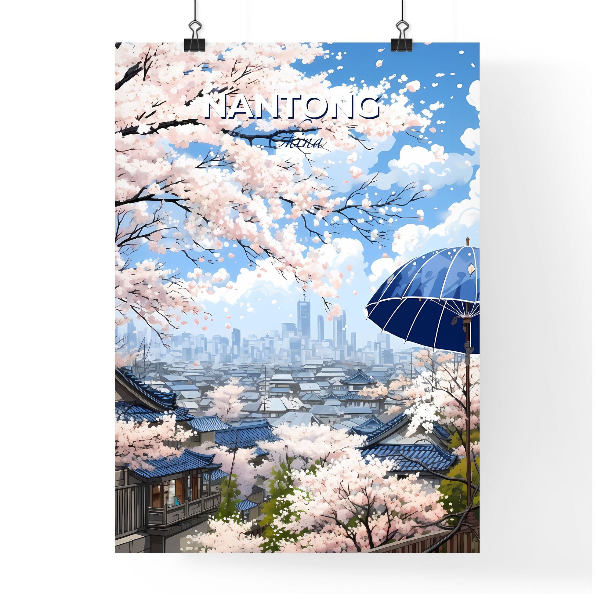 Nantong city skyline art vibrant painting blue umbrella modern city urban artwork cityscape Default Title