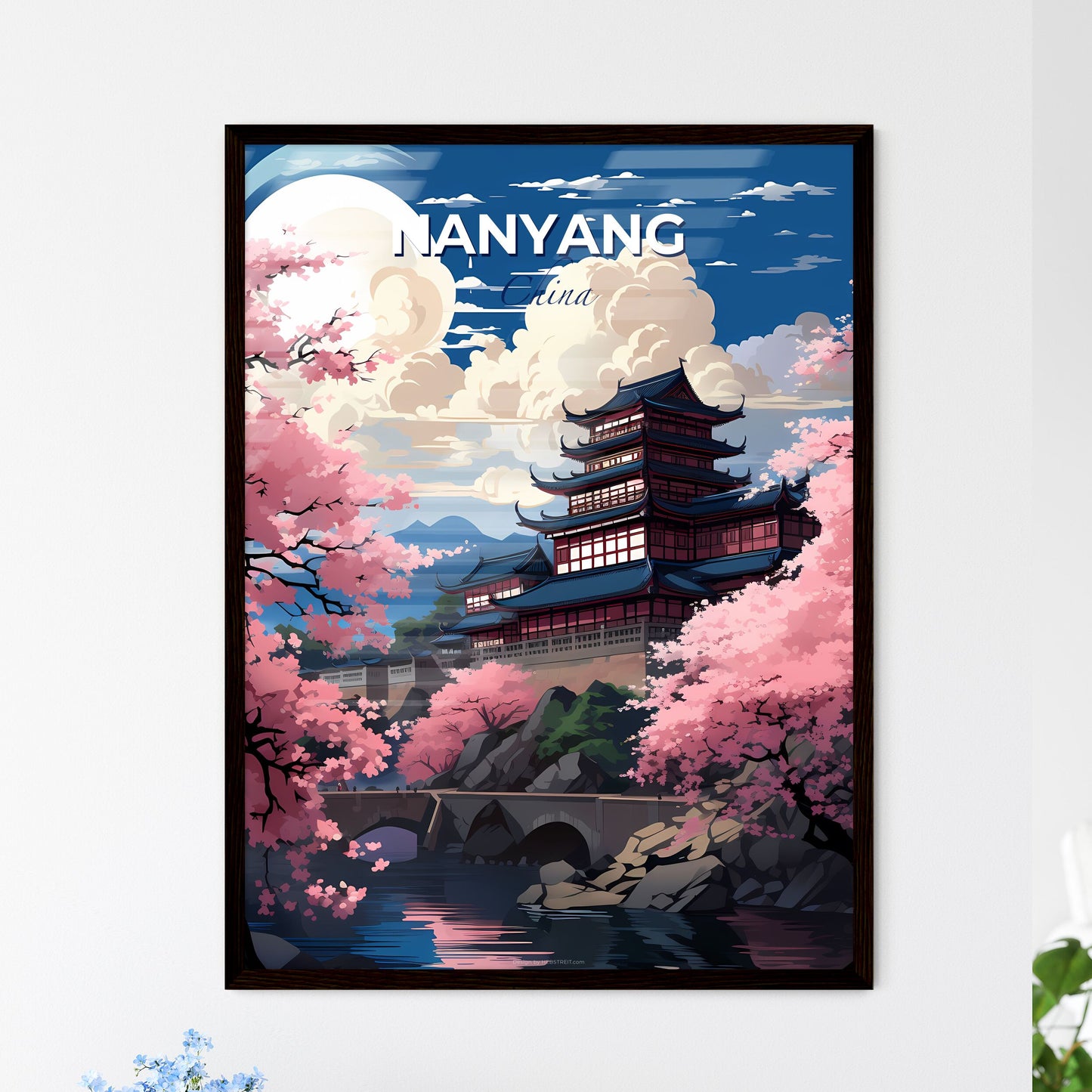 Vibrant Nanyang China Skyline Painting with Building, Bridge, and Pink Trees Default Title