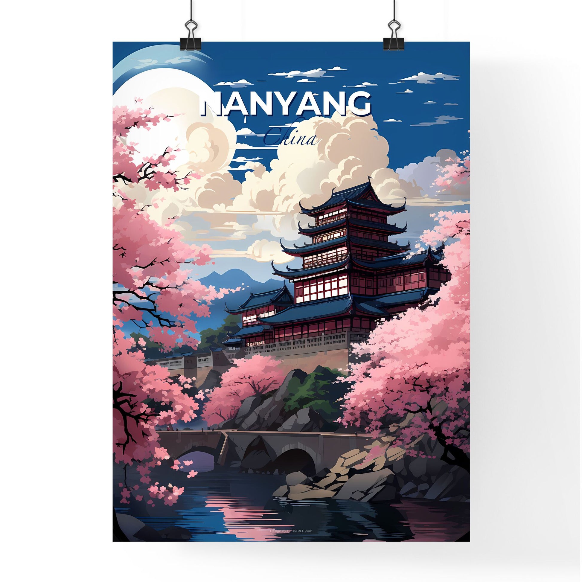 Vibrant Nanyang China Skyline Painting with Building, Bridge, and Pink Trees Default Title