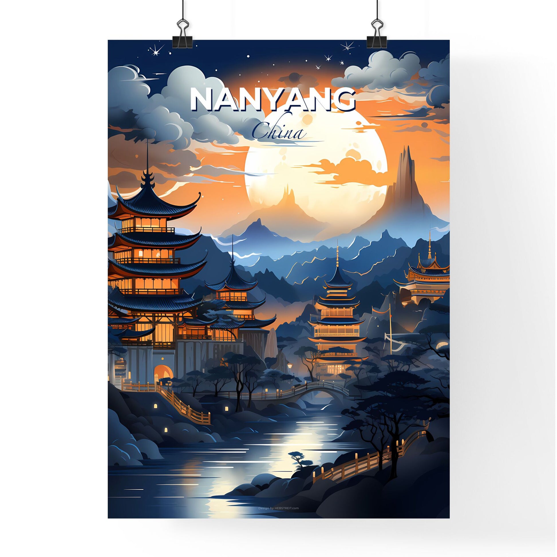 Nanyang China Skyline Painting Artistic Vibrant Pagoda River Landscape Art Artwork Default Title