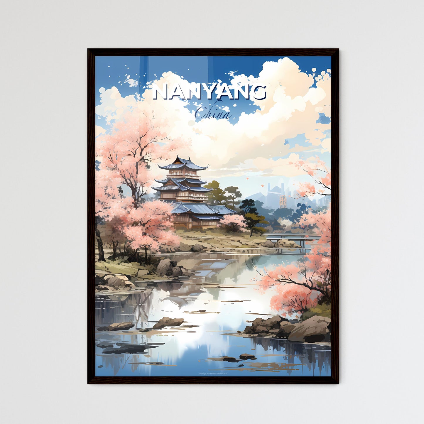 Nanyang China Artistic Cityscape Painting Pagoda Lake Pink Flowers Default Title