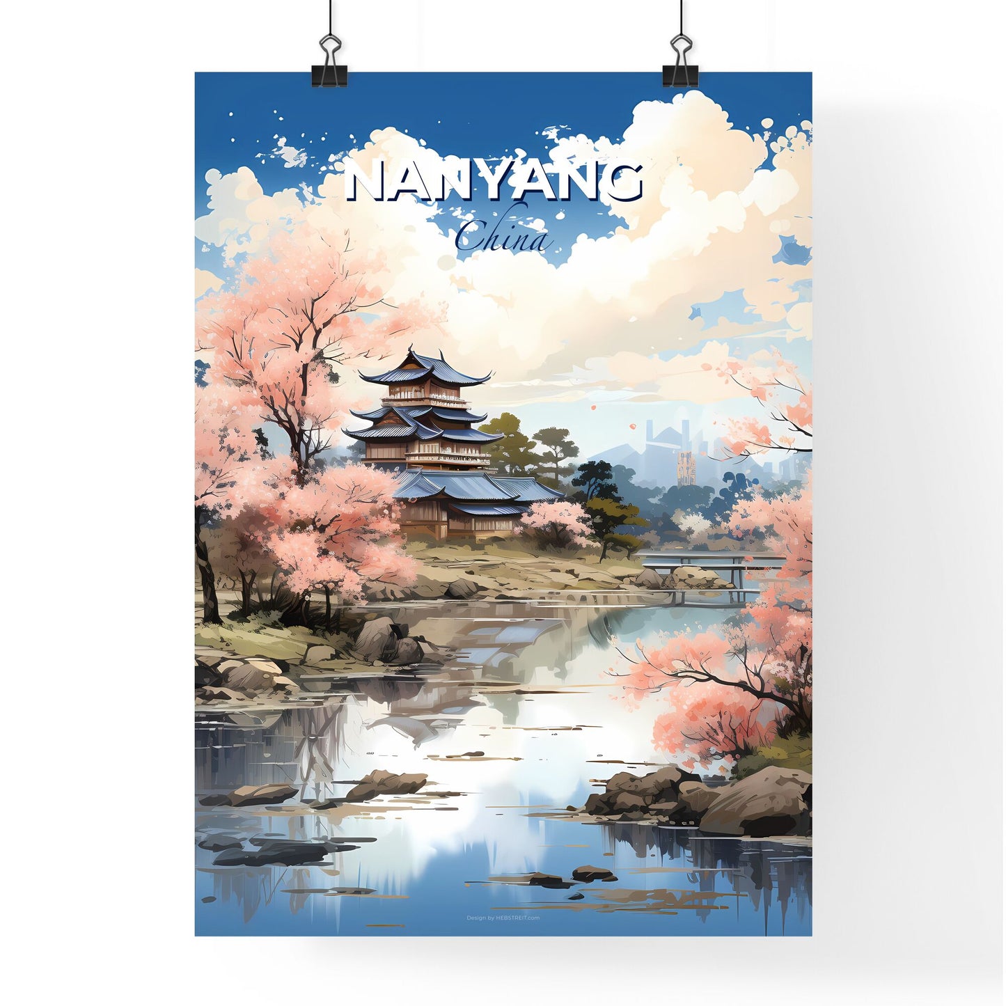 Nanyang China Artistic Cityscape Painting Pagoda Lake Pink Flowers Default Title