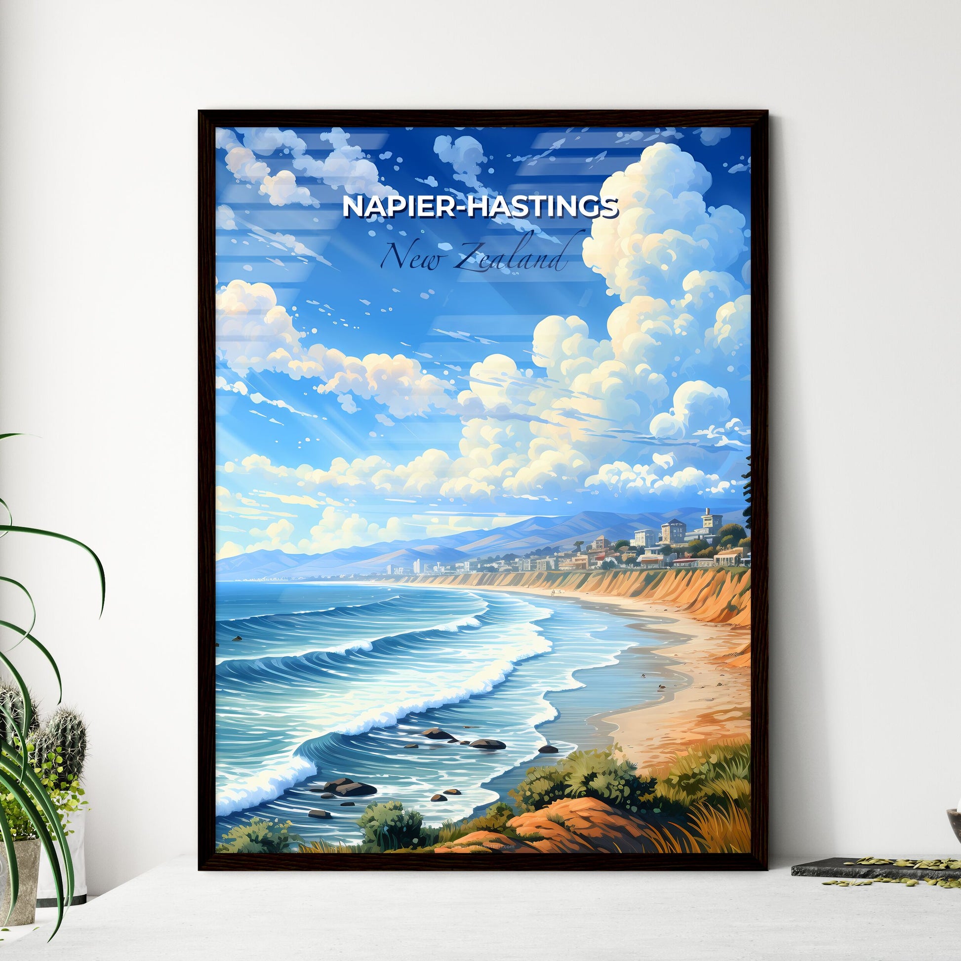 Napier-Hastings Skyline Painting Vibrant Beach Buildings Artwork Coastal New Zealand Default Title