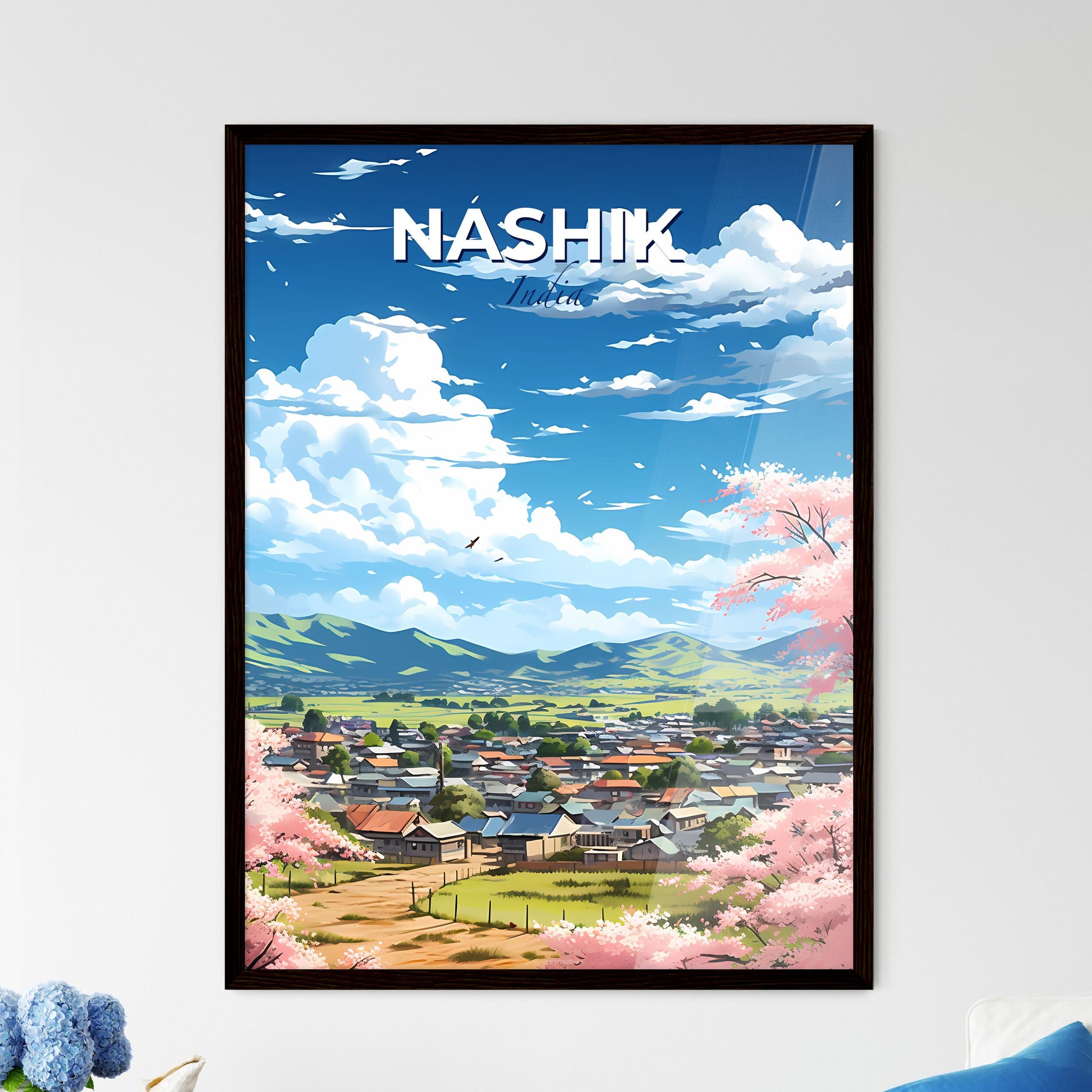 Nashik India Skyline Panorama Landscape Pink Bushes Flowers Art Print Painting Default Title