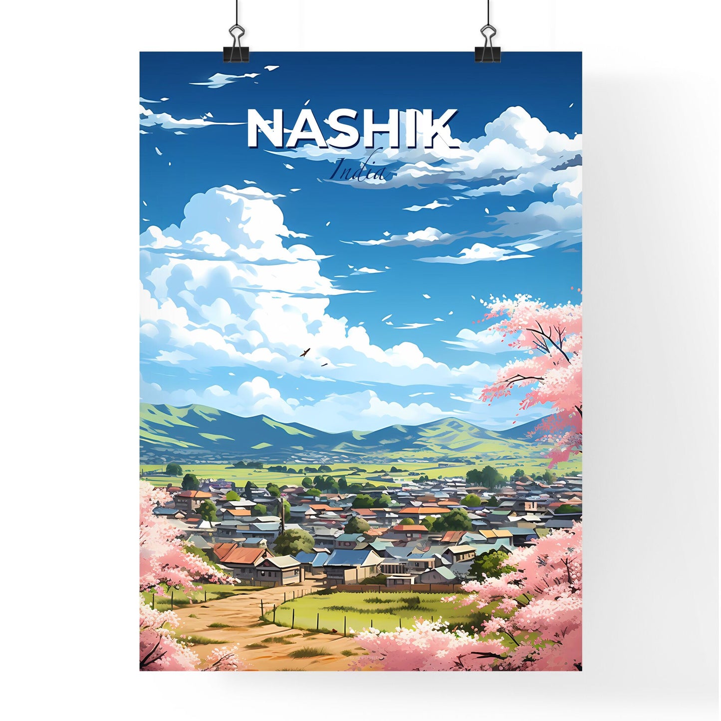 Nashik India Skyline Panorama Landscape Pink Bushes Flowers Art Print Painting Default Title