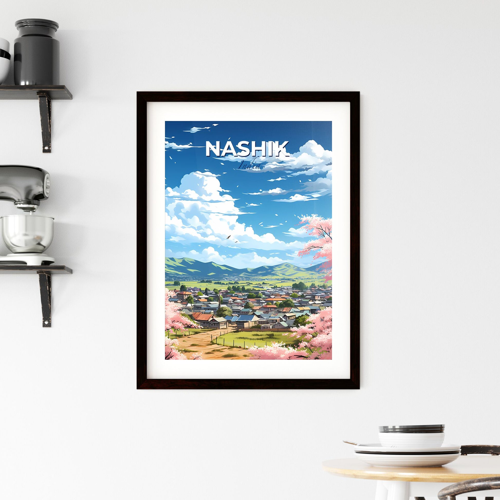 Nashik India Skyline Panorama Landscape Pink Bushes Flowers Art Print Painting Default Title