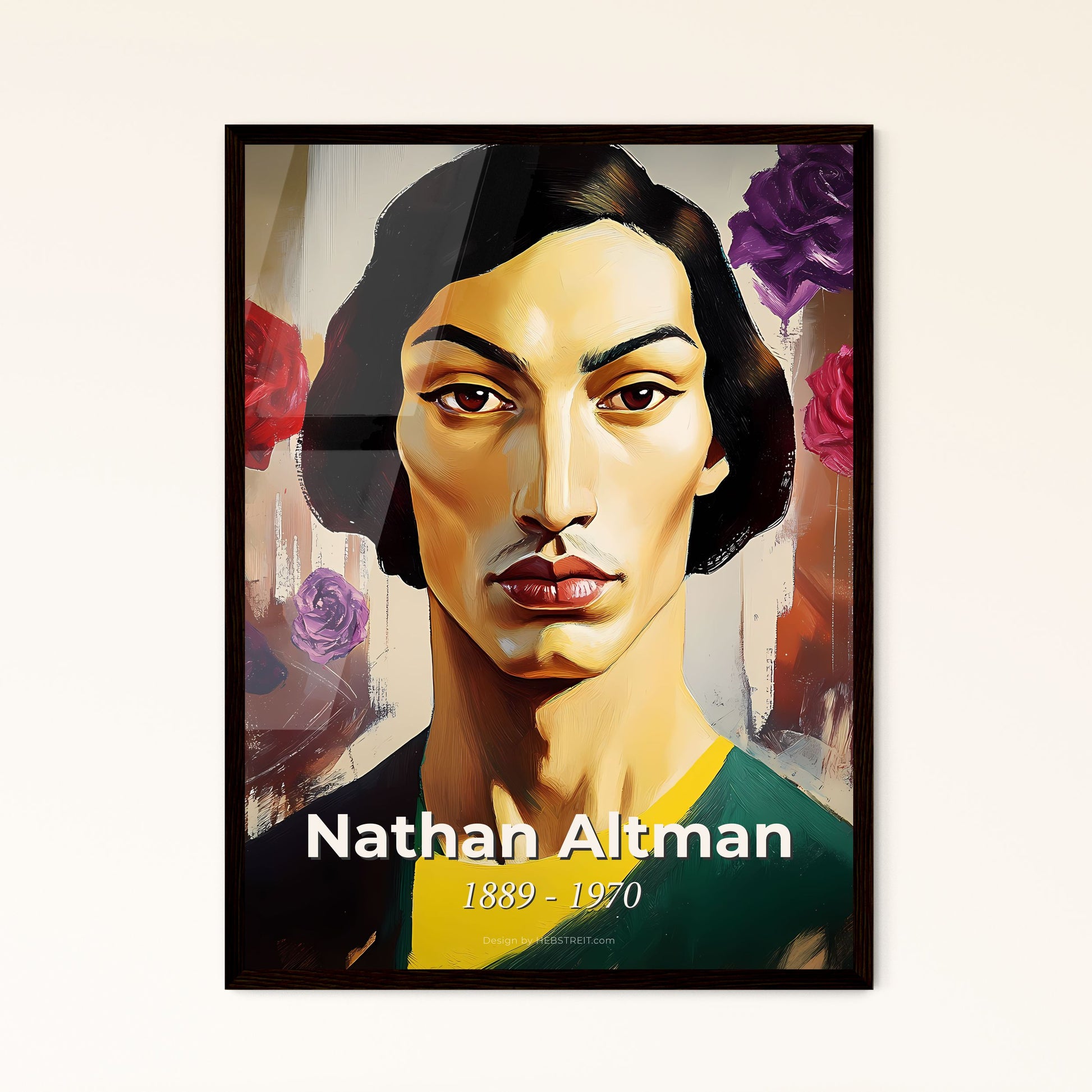 Portrait of Nathan Altman, 1889 - 1970. Impressionistic painting of a man with flowers around his face.