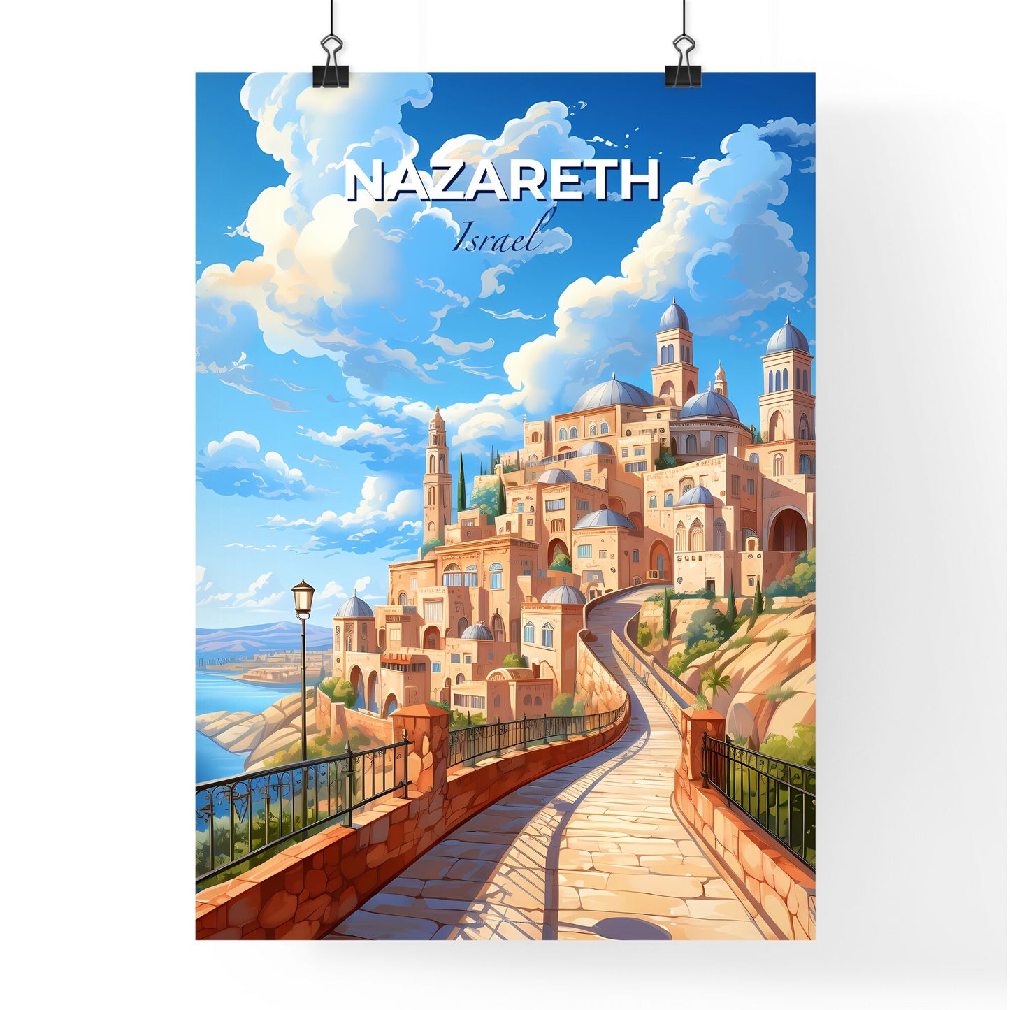 Evocative Modern Art Painting Depicting the Vibrant City Skyline, Road to Nazareth, Israel Default Title