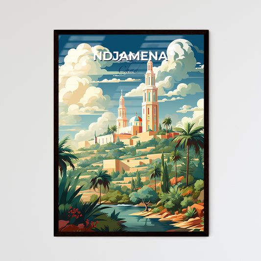 NDjamena Chad Skyline Painting - Vibrant Art Depicting a Castle on a Hill with Palm Trees and a River Default Title
