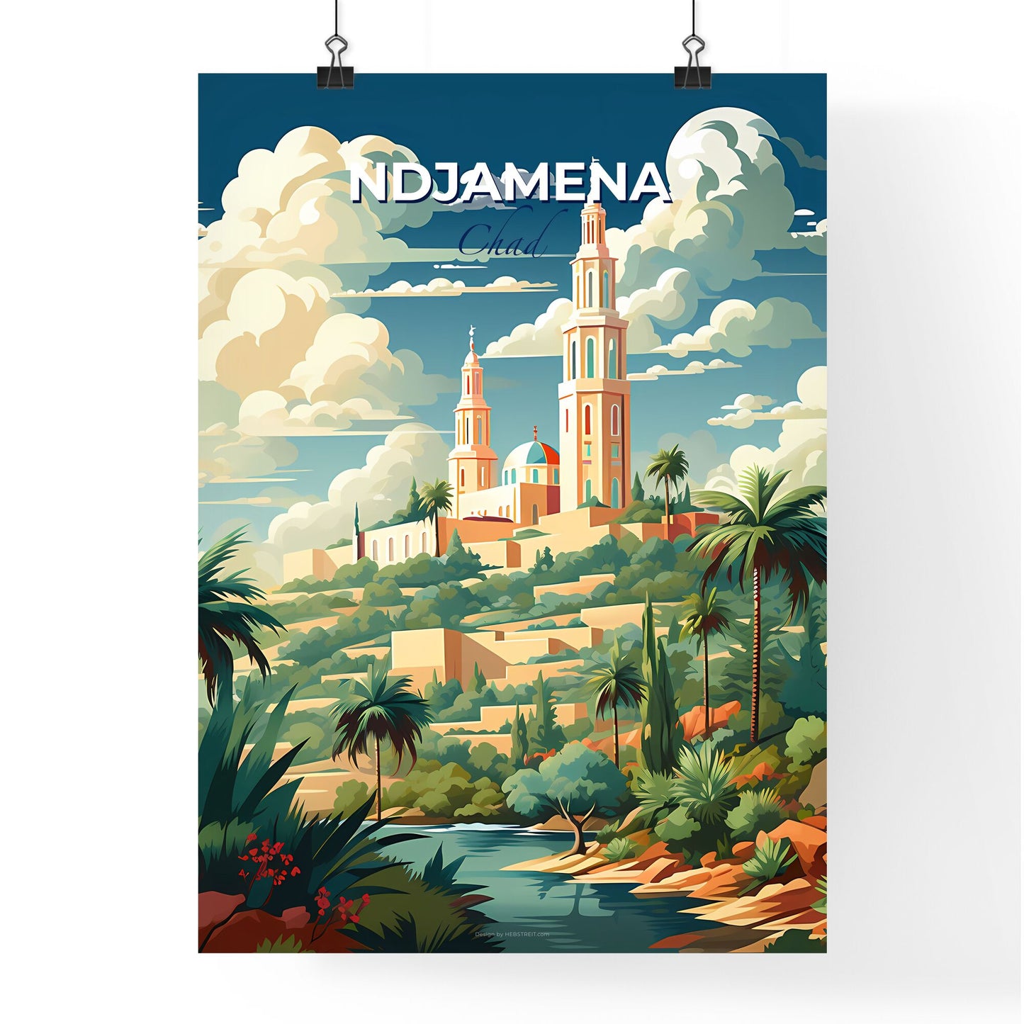 NDjamena Chad Skyline Painting - Vibrant Art Depicting a Castle on a Hill with Palm Trees and a River Default Title