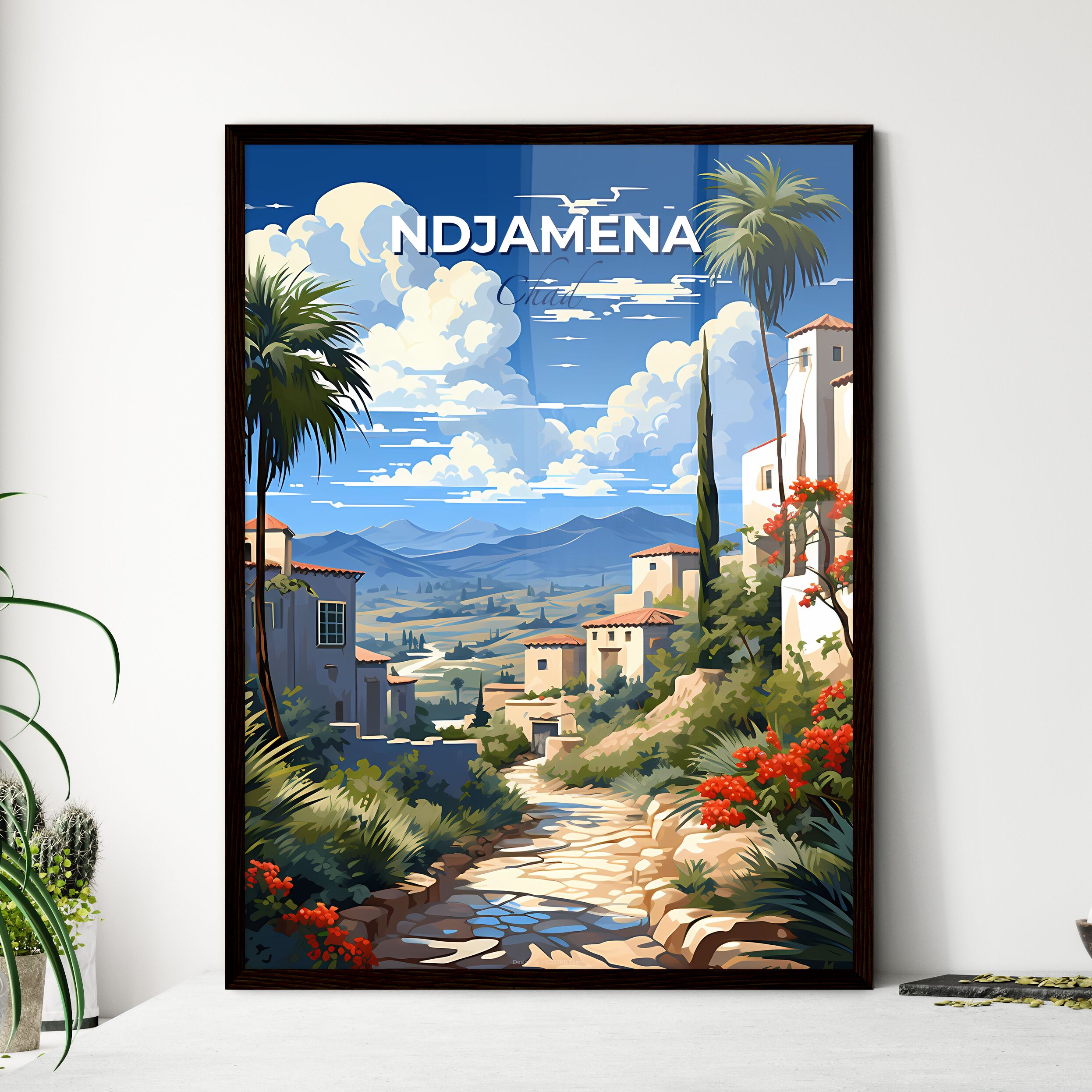 Vibrant Painting of NDjamena, Chad Skyline with Village, Trees, and ...