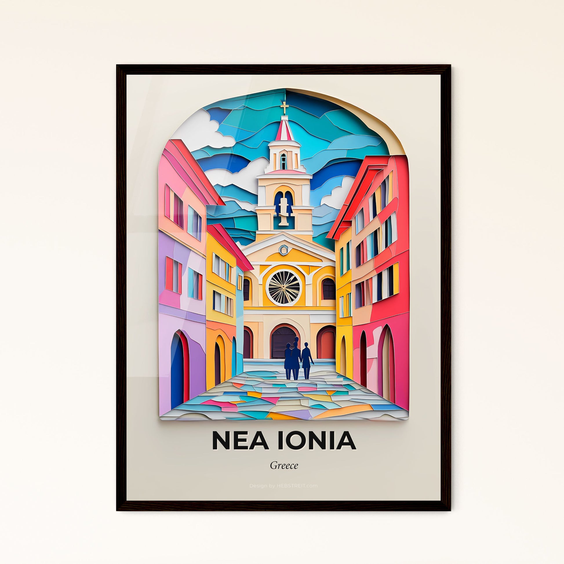 Vivid Nea Ionia, Greece - a colorful picture of a church with a clock tower