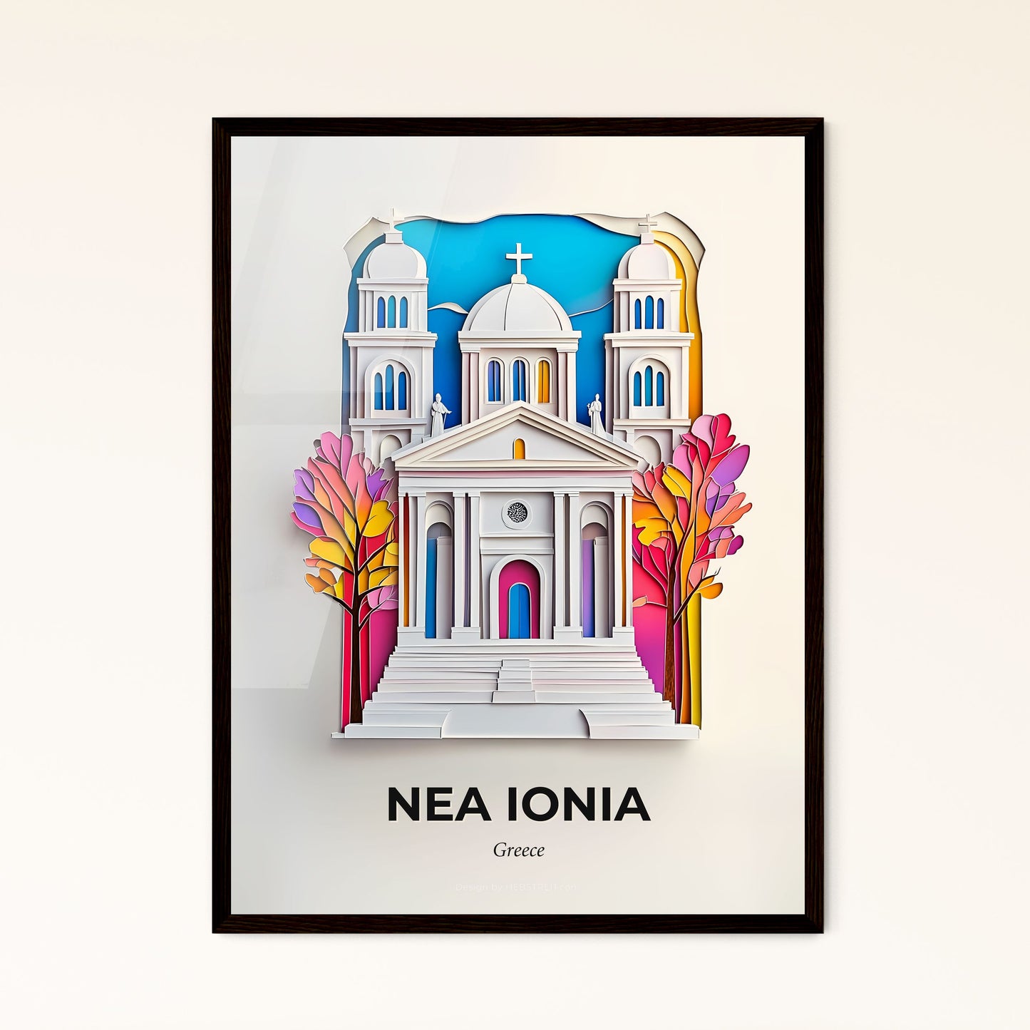 Vivid Nea Ionia, Greece - a paper cut of a church with trees