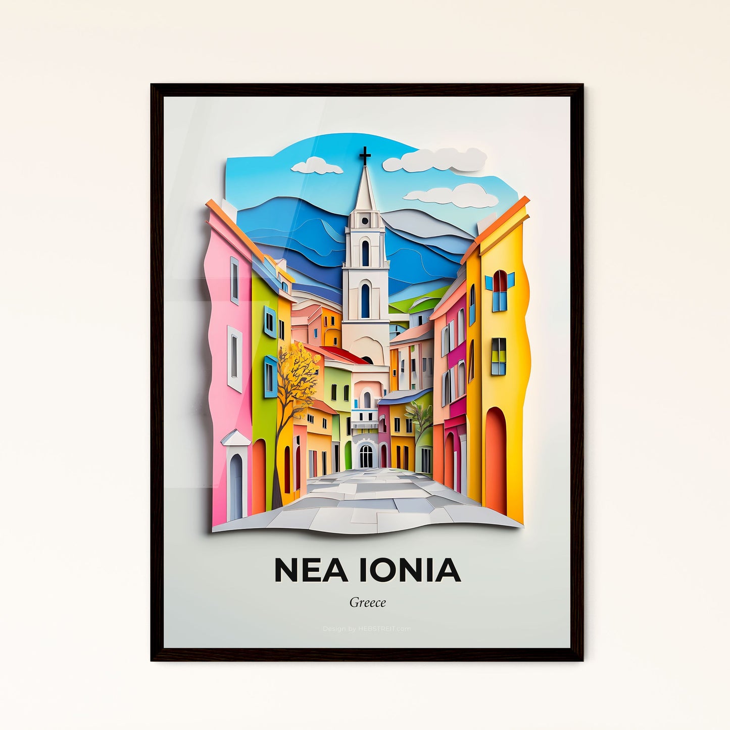 Vivid Nea Ionia, Greece - a colorful city with a clock tower on the wall