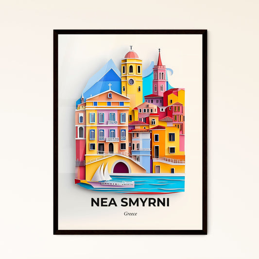 Vivid Nea Smyrni, Greece - a paper cut of a city with a boat