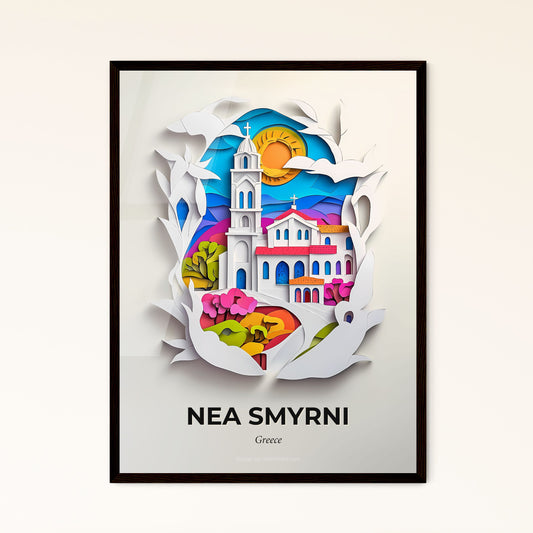 Vivid Nea Smyrni, Greece - a paper cut of a church with a sun in the background