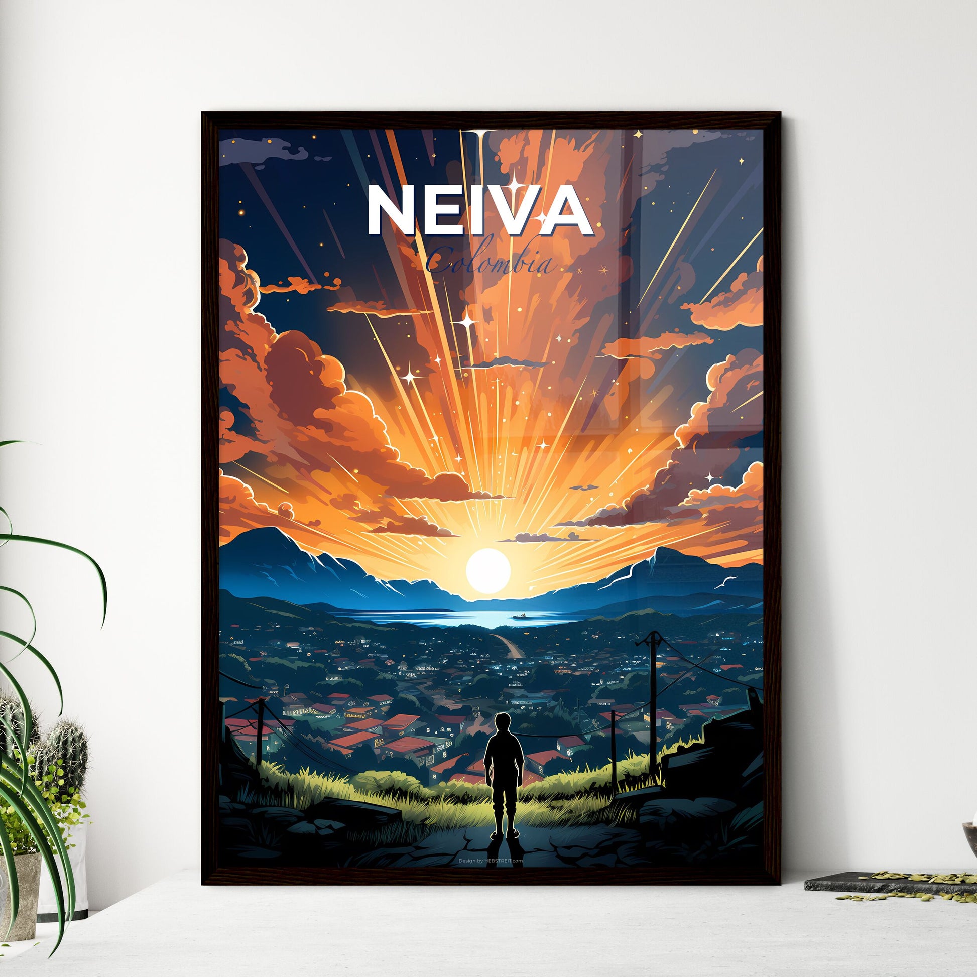 Vibrant Painting of Neiva Colombia Skyline Featuring Person on Hilltop Default Title