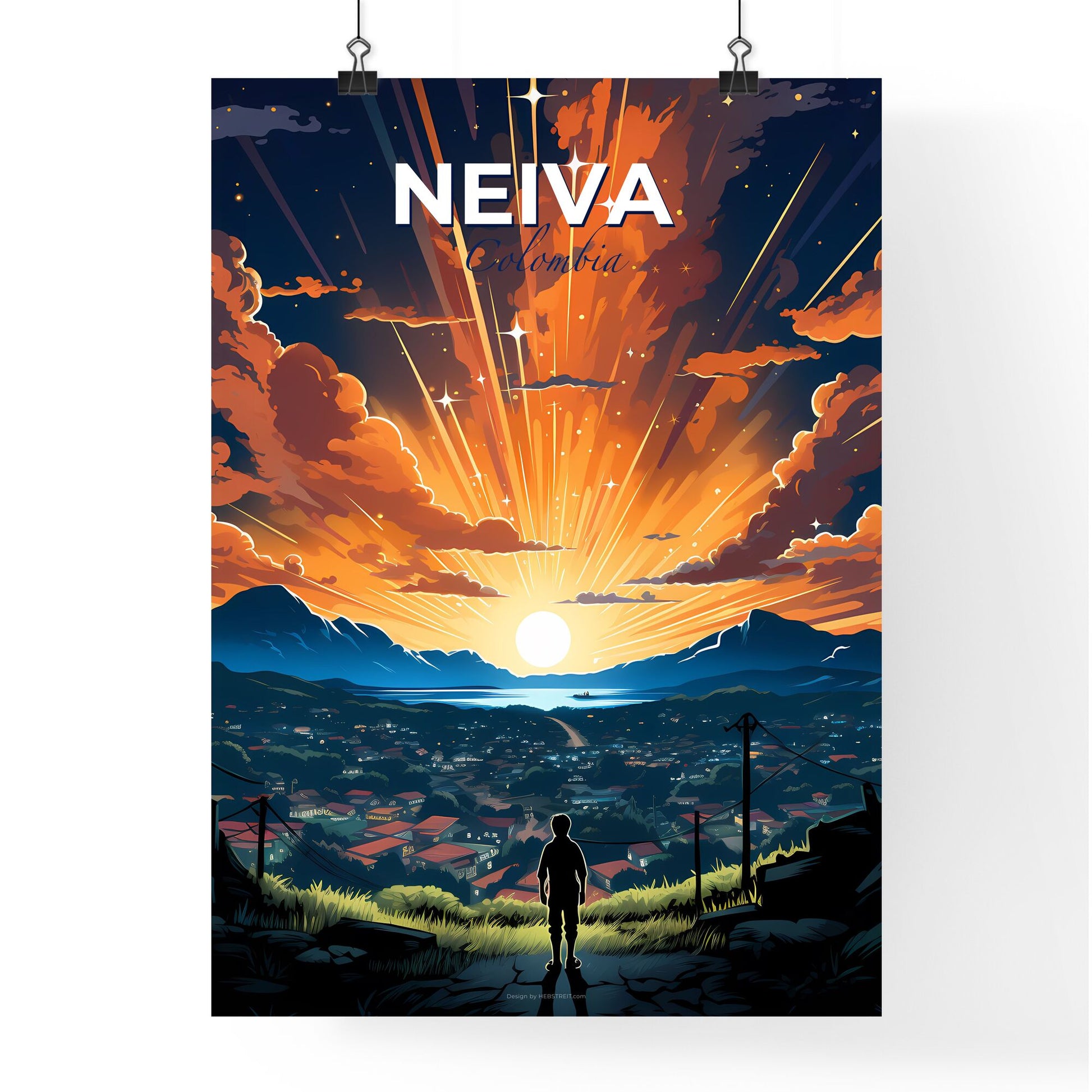 Vibrant Painting of Neiva Colombia Skyline Featuring Person on Hilltop Default Title