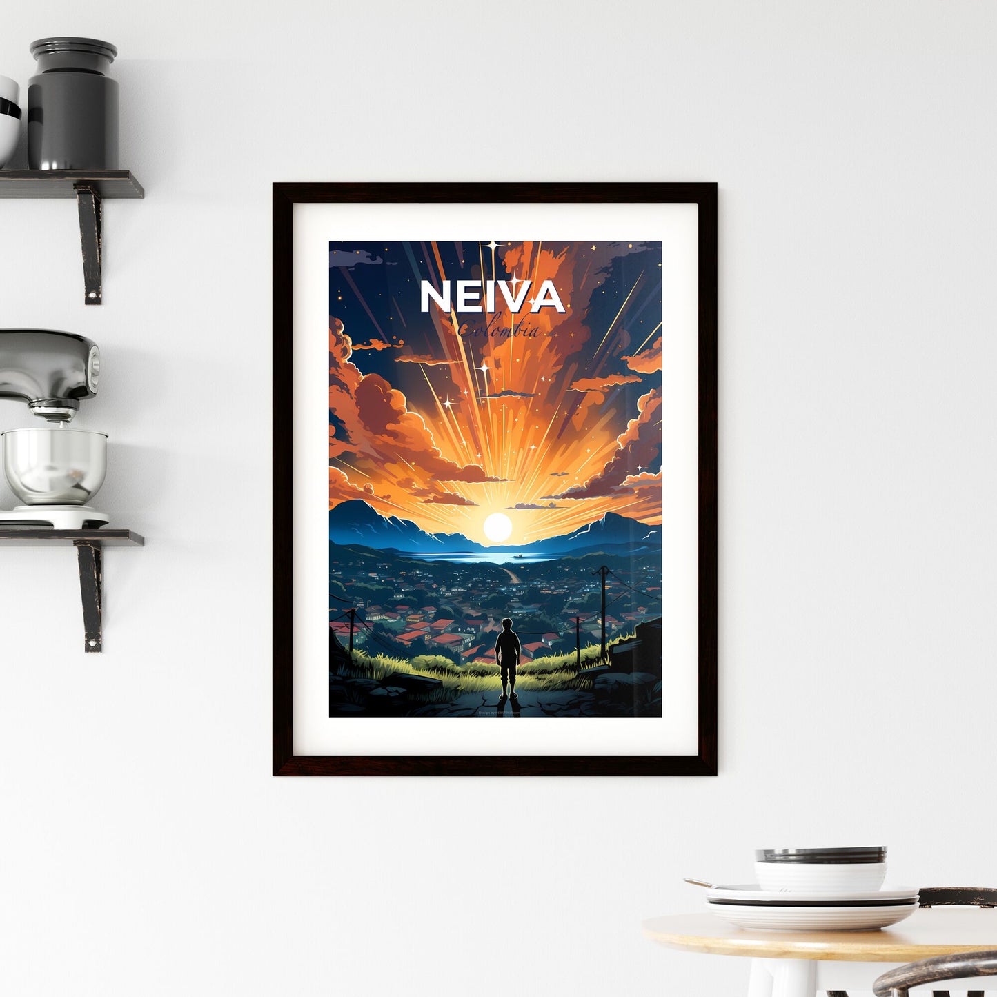 Vibrant Painting of Neiva Colombia Skyline Featuring Person on Hilltop Default Title