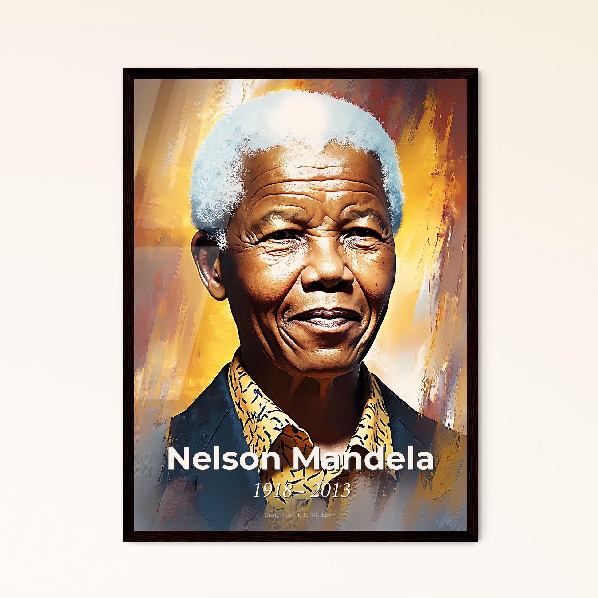 Portrait of Nelson Mandela, 1918 - 2013. Impressionistic painting of a man with white hair.