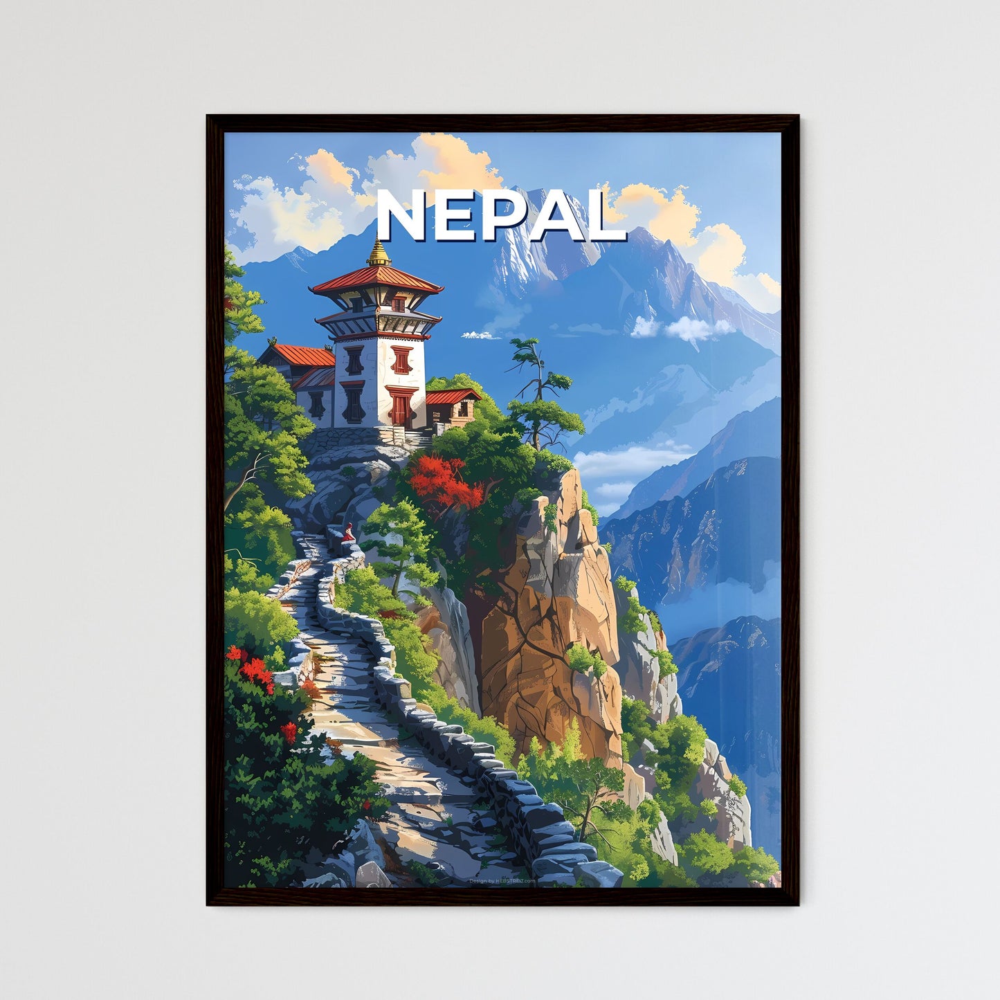 Vibrant Painting of a Building on a Cliff, Nepal, South Asia