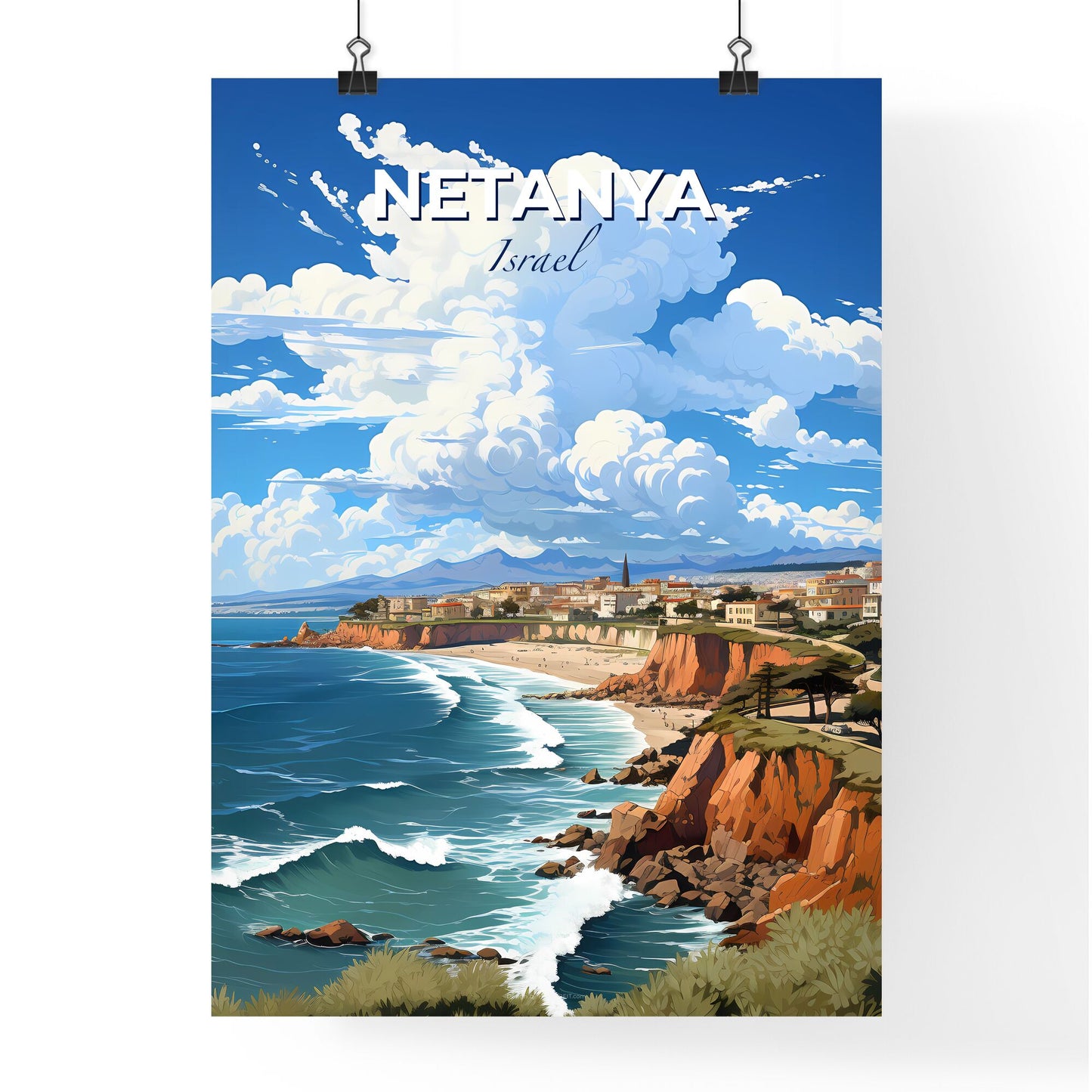 Vibrant Acrylic Painting of Netanya Israel Skyline Depicting a Picturesque Beach and Town Juxtaposition Default Title