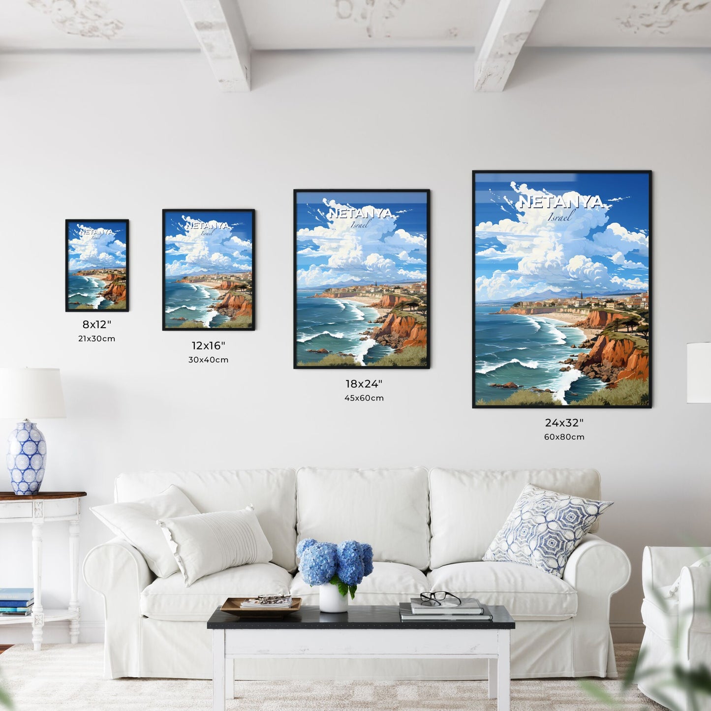 Vibrant Acrylic Painting of Netanya Israel Skyline Depicting a Picturesque Beach and Town Juxtaposition Default Title