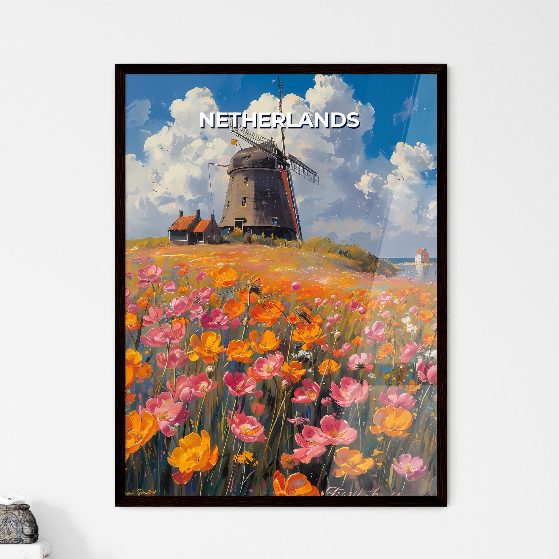 Vibrant Floral Windmill Landscape Painting, Netherlands, Europe