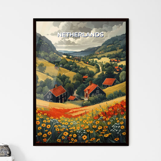 Vibrant Painting of Netherlands Landscape with Houses and Flowers, Showcasing Art and Beauty