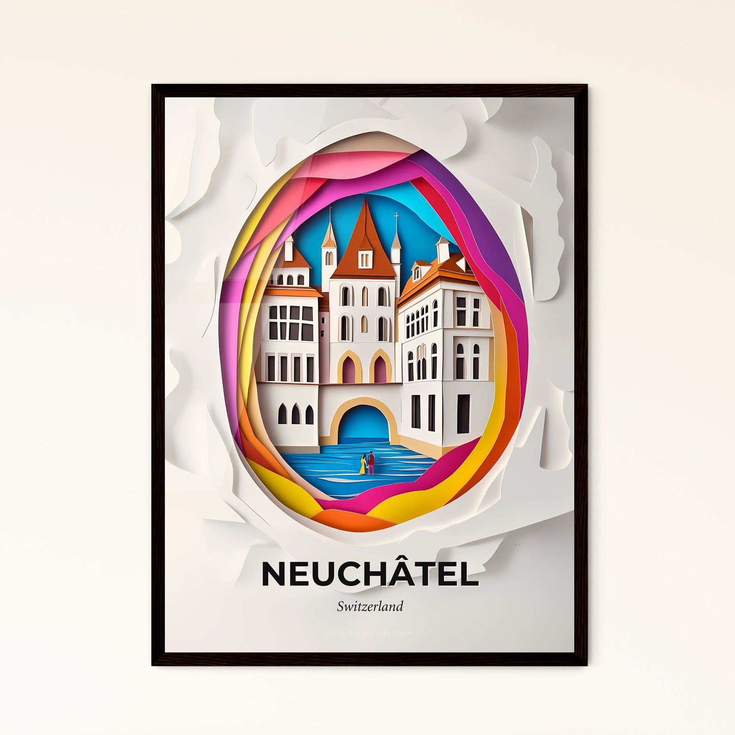 Vivid Neuchâtel, Switzerland - a paper cut of a city with a person walking in the water