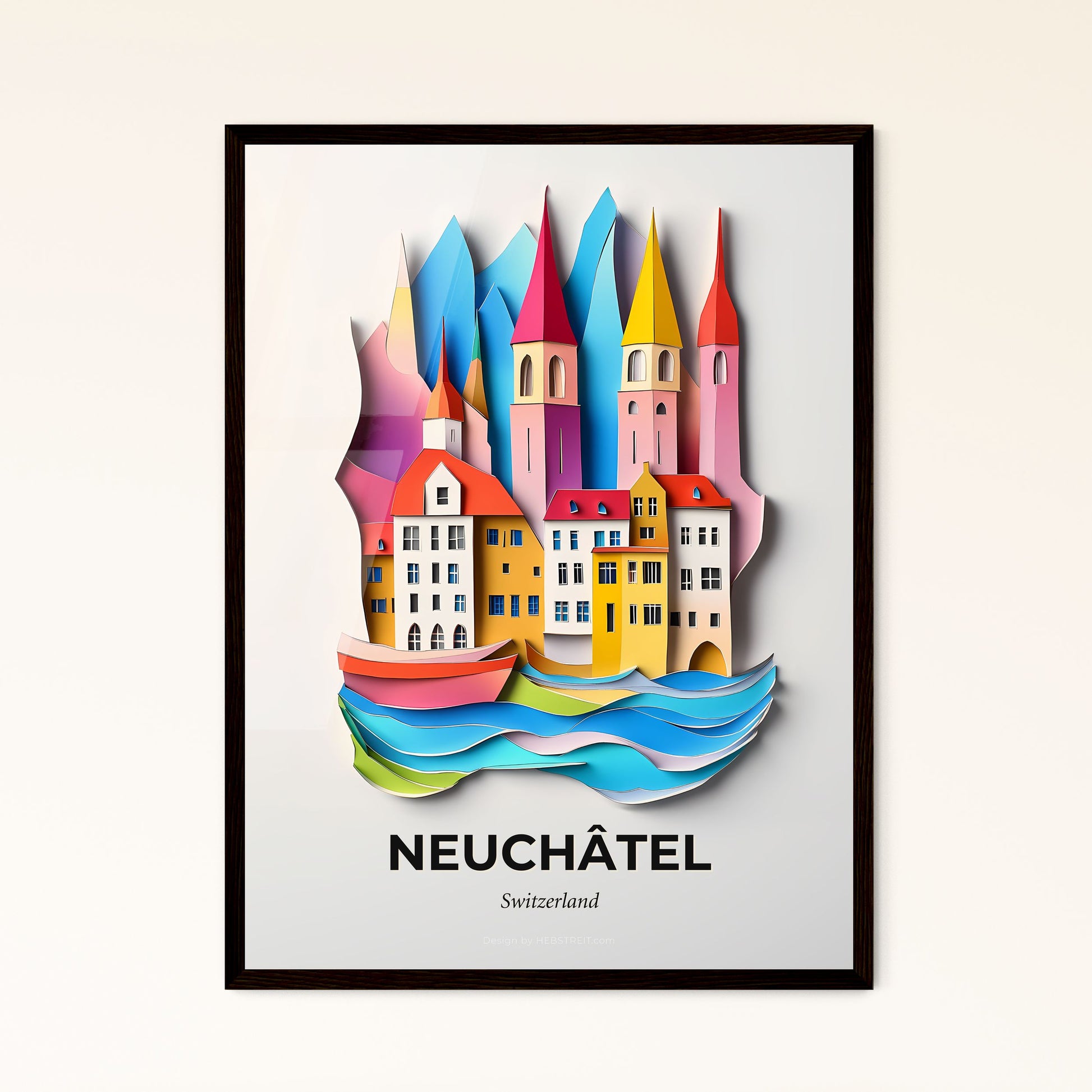 Vivid Neuchâtel, Switzerland - a paper cut of a city with a boat in the water