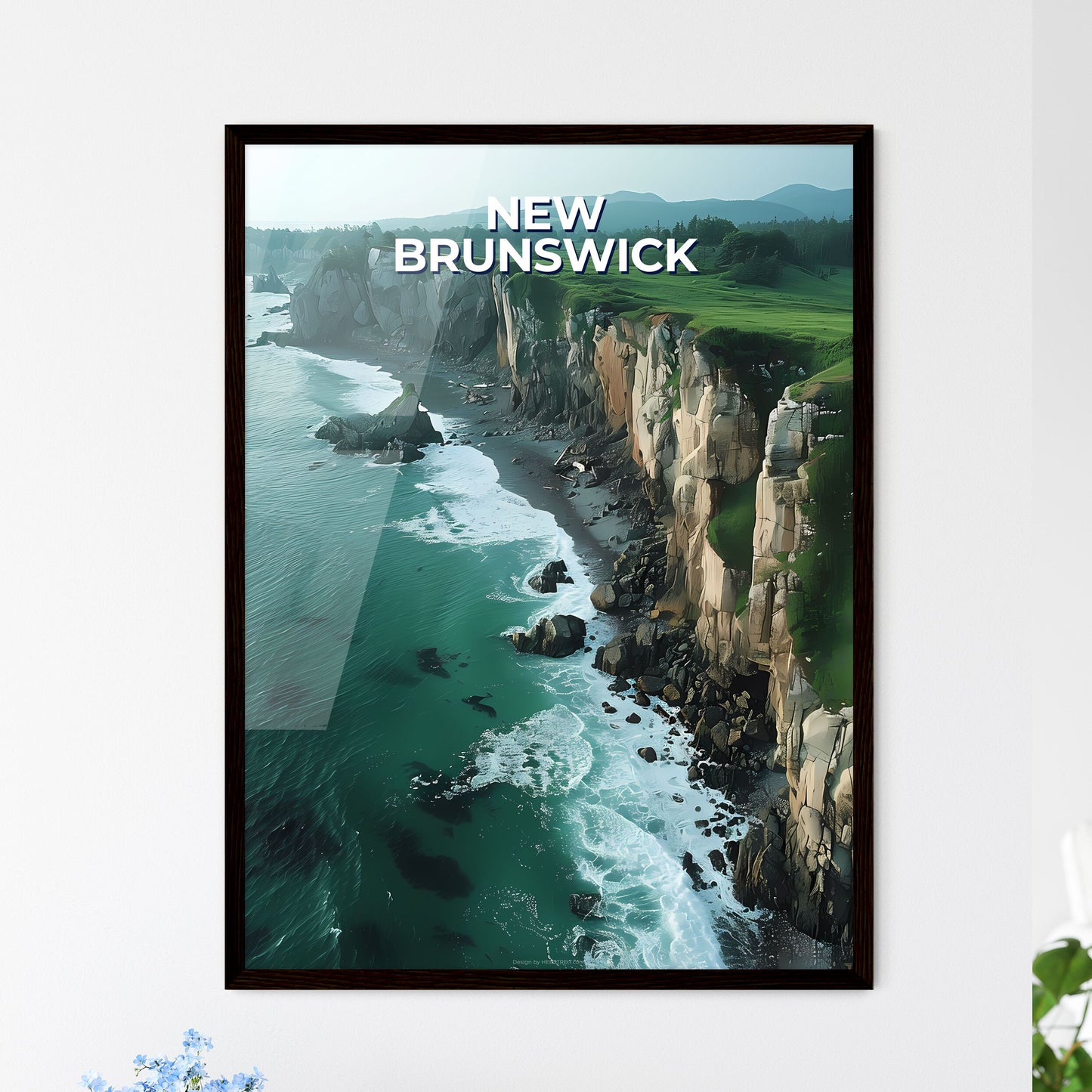 Painting of New Brunswick Cliff with Grass and Water in Canada