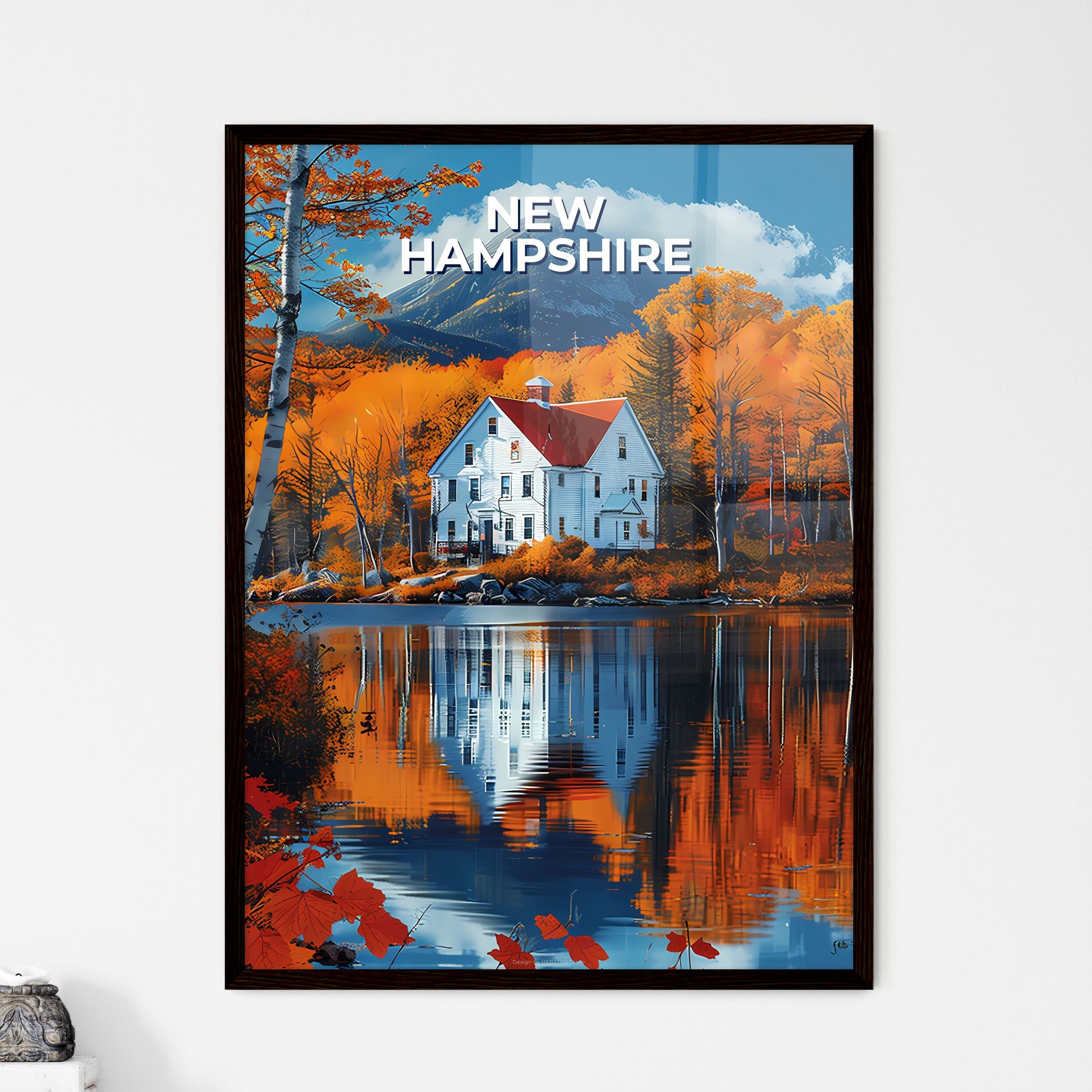 New Hampshire, USA - Vibrant Painting: Mountain House by the Lake