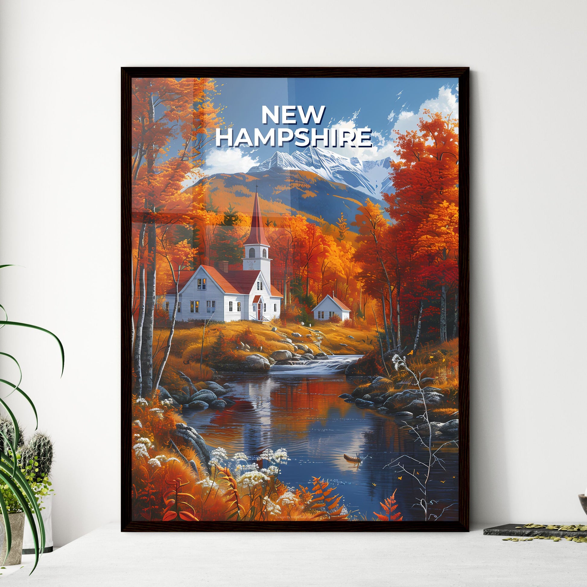 Fine Art Painting Depicting a White House with Red Roof Amidst Trees by a River in New Hampshire, USA