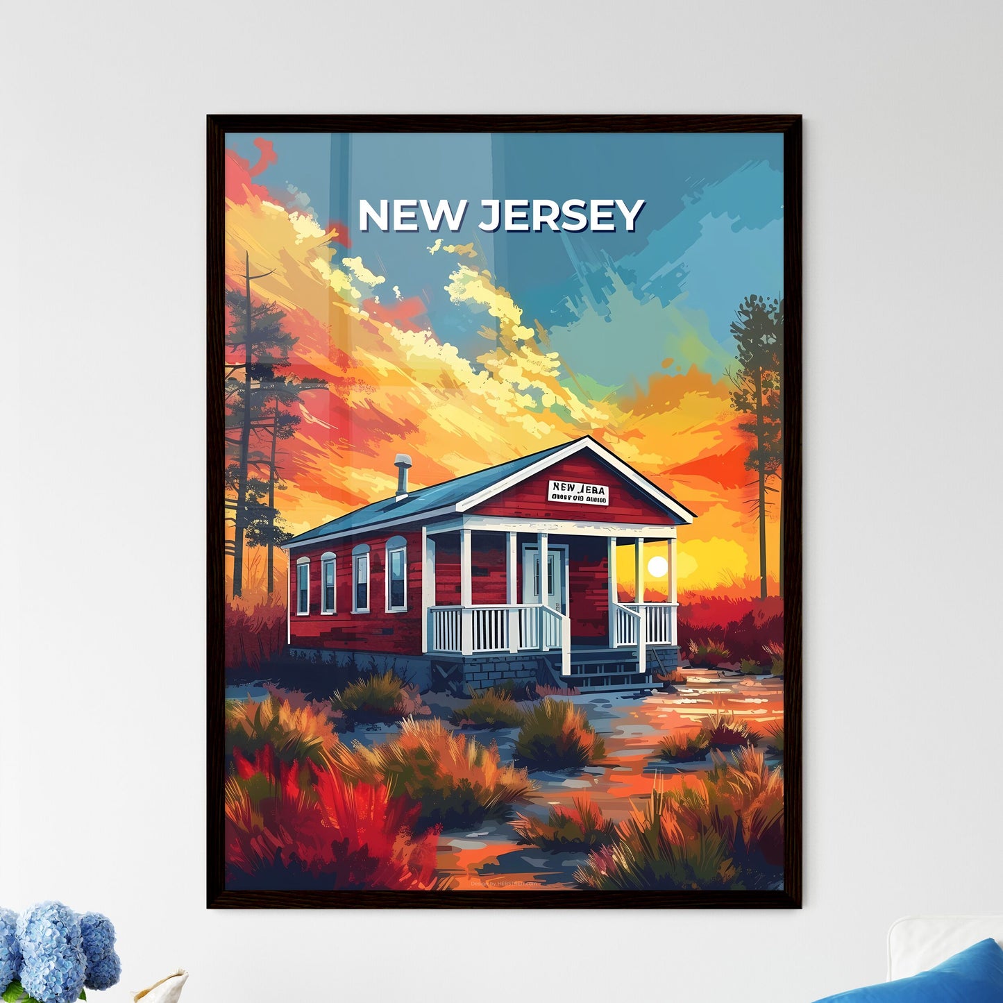 Vibrant Red House in New Jersey Field Landscape, Artistic Painting Nature Trees